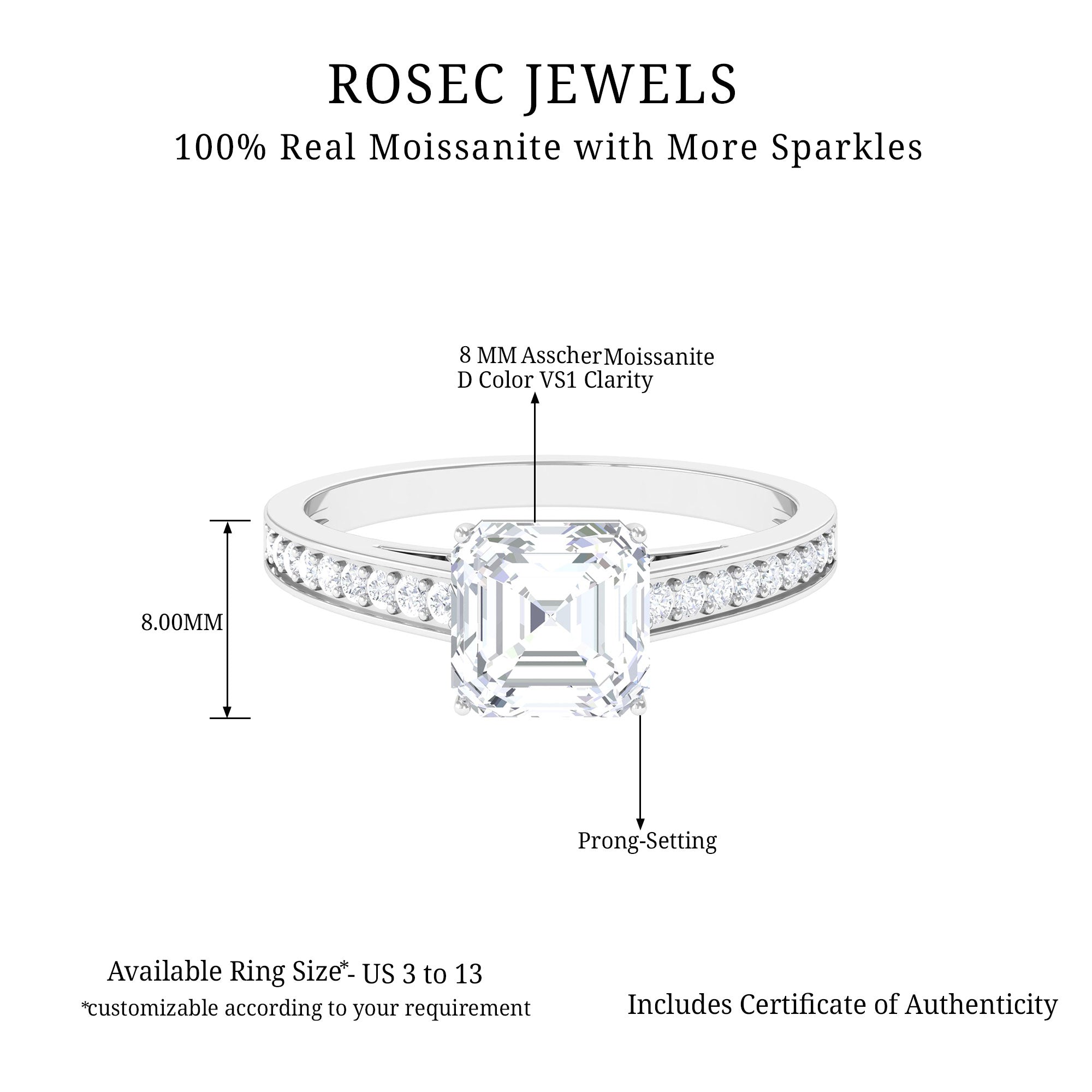 1.75 CT Asscher Cut Moissanite Solitaire Ring with Side Stones Moissanite - ( D-VS1 ) - Color and Clarity - Rosec Jewels