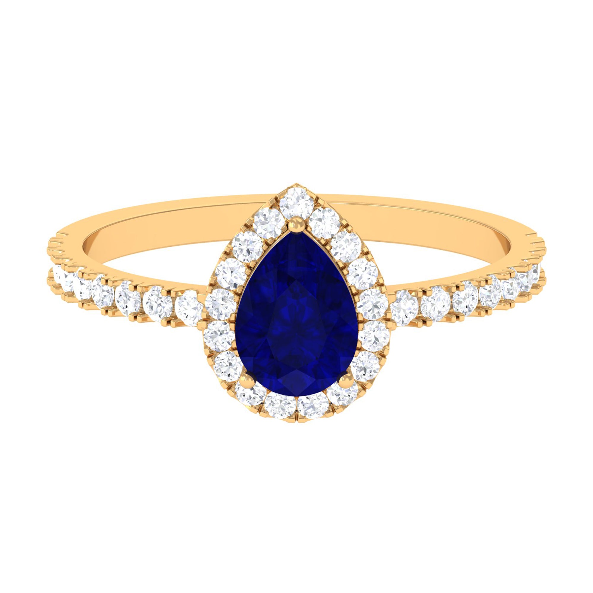 Natural Blue Sapphire and Diamond Teardrop Halo Engagement Ring Blue Sapphire - ( AAA ) - Quality - Rosec Jewels