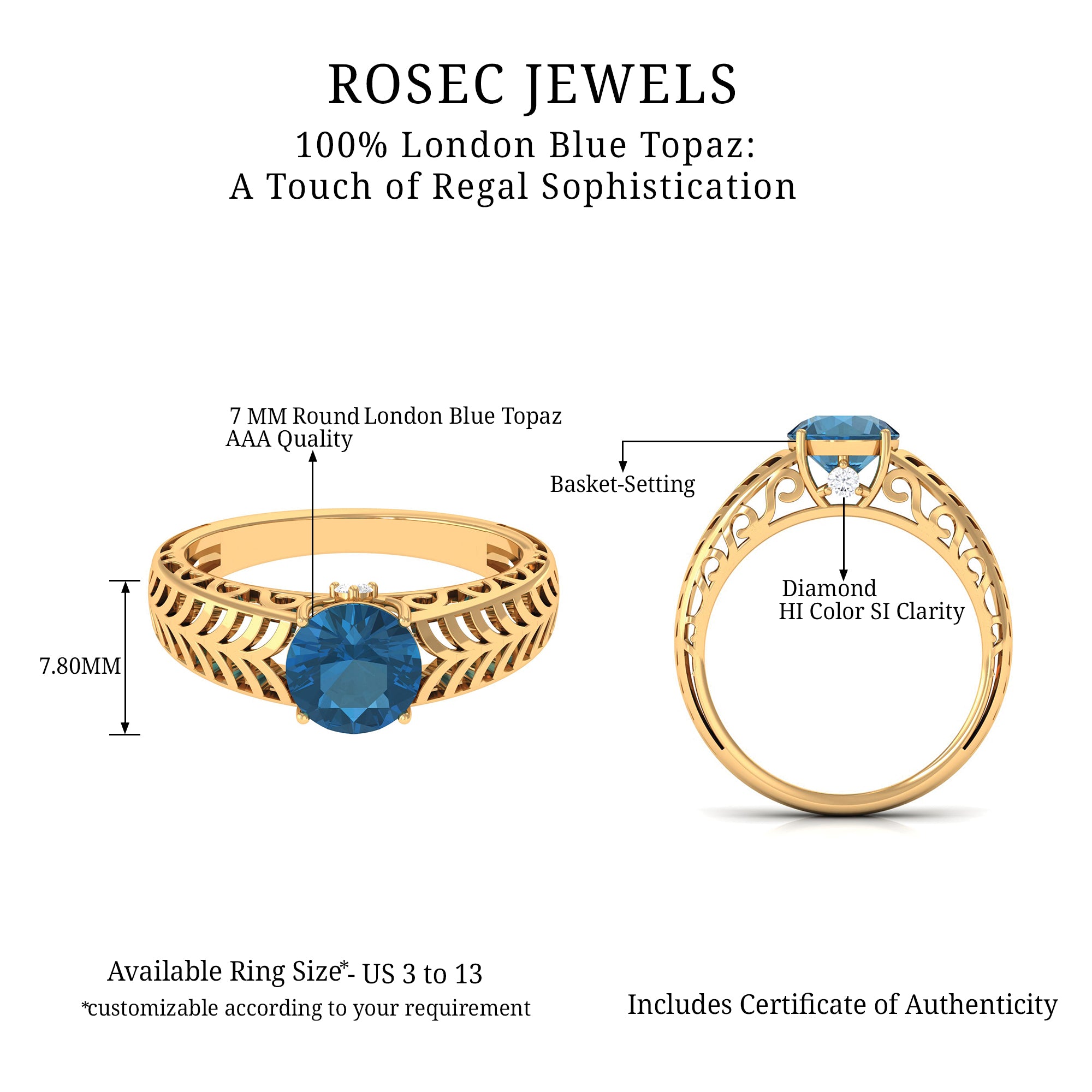 Round London Blue Topaz Solitaire Ring in Cut Out Work London Blue Topaz - ( AAA ) - Quality - Rosec Jewels