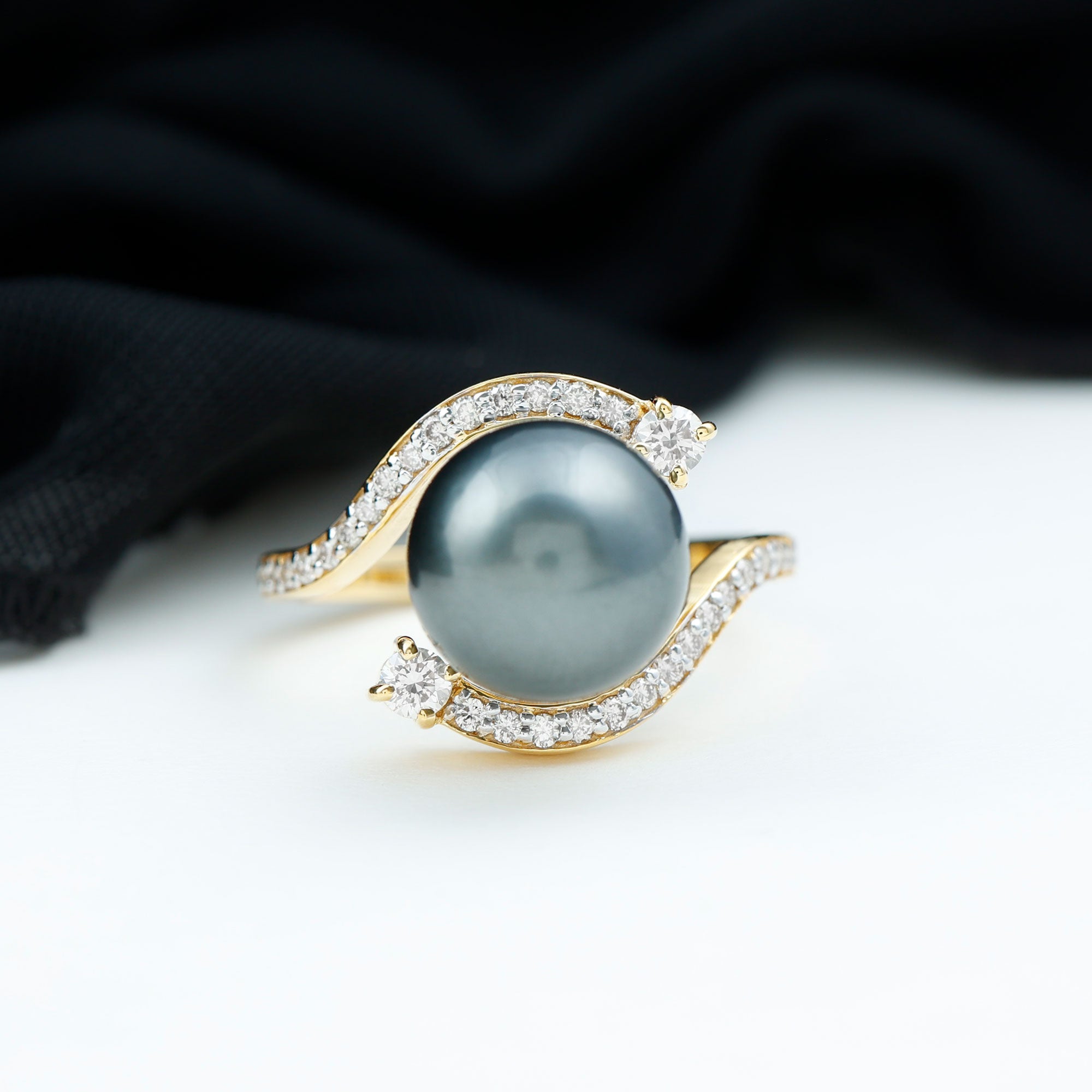 Solitaire Tahitian Pearl Bypass Engagement Ring with Diamond in Gold Tahitian pearl - ( AAA ) - Quality - Rosec Jewels