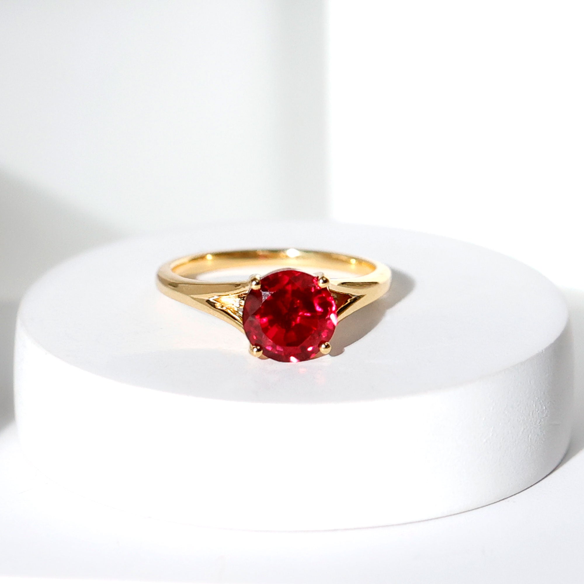 Split Shank Round Created Ruby Solitaire Ring with Surprise Diamond Lab Created Ruby - ( AAAA ) - Quality - Rosec Jewels