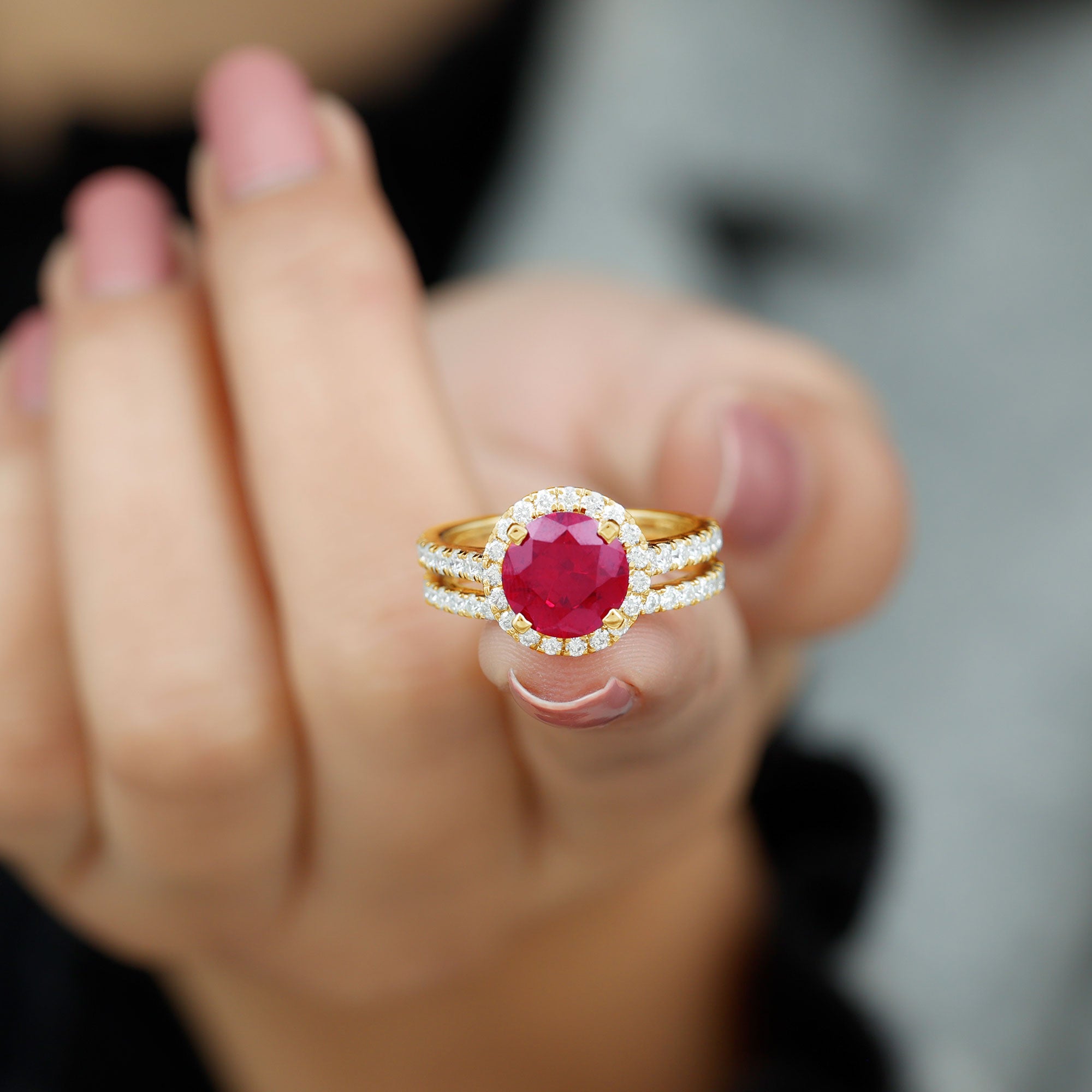 Created Ruby Halo Wedding Ring Set in Gold with Moissanite Lab Created Ruby - ( AAAA ) - Quality - Rosec Jewels