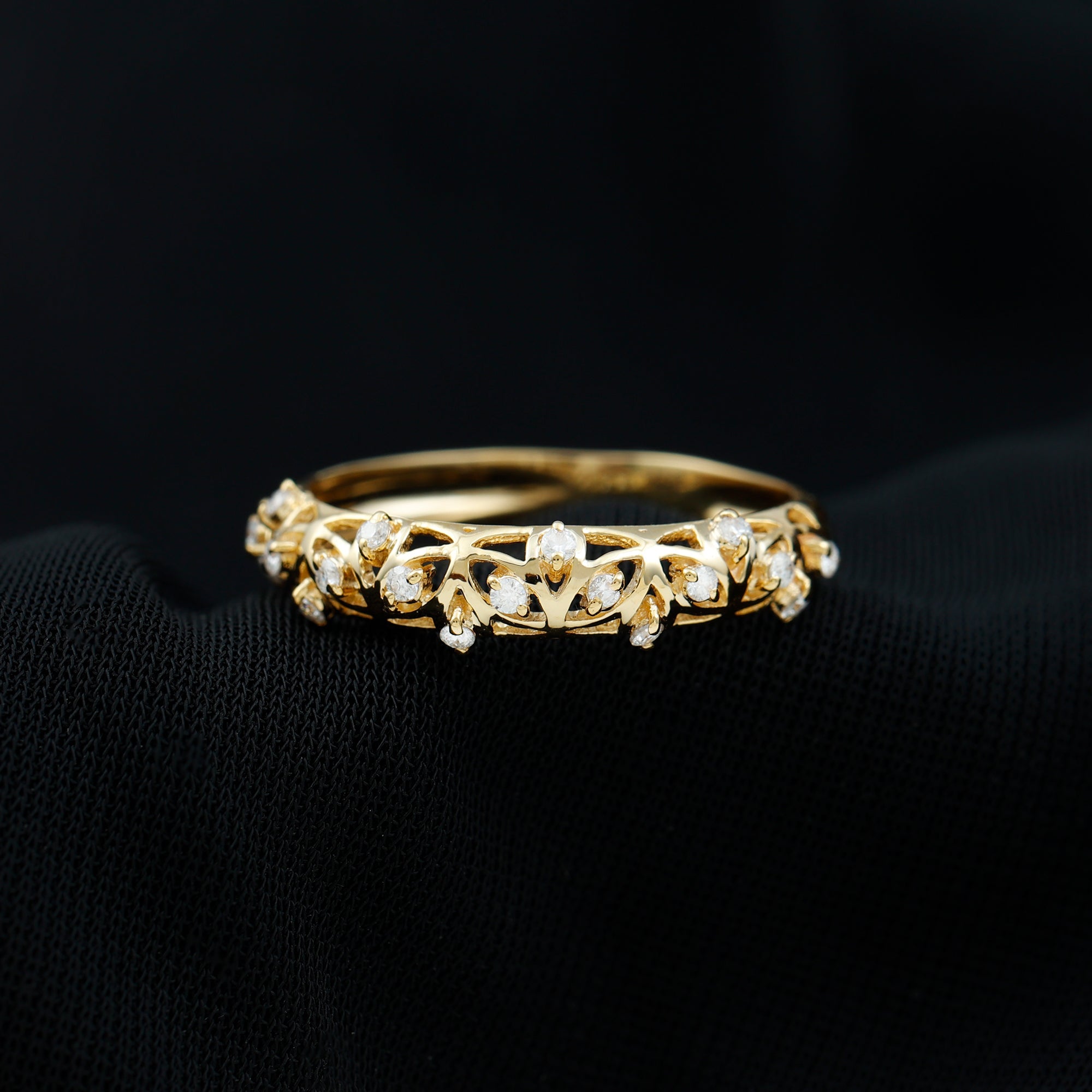 Round Moissanite Semi Eternity Band Ring with Gold Filigree Details Moissanite - ( D-VS1 ) - Color and Clarity - Rosec Jewels