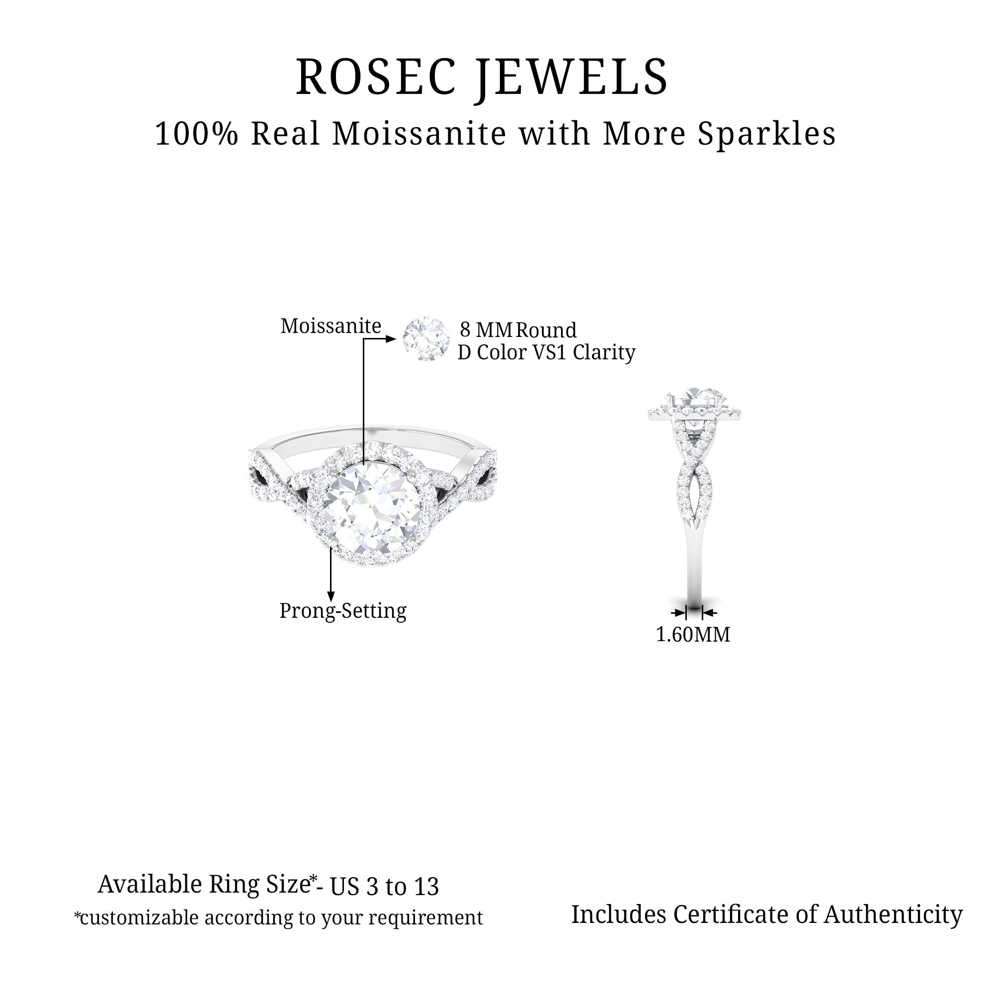 3 CT Crossover Moissanite Classic Halo Engagement Ring Moissanite - ( D-VS1 ) - Color and Clarity - Rosec Jewels