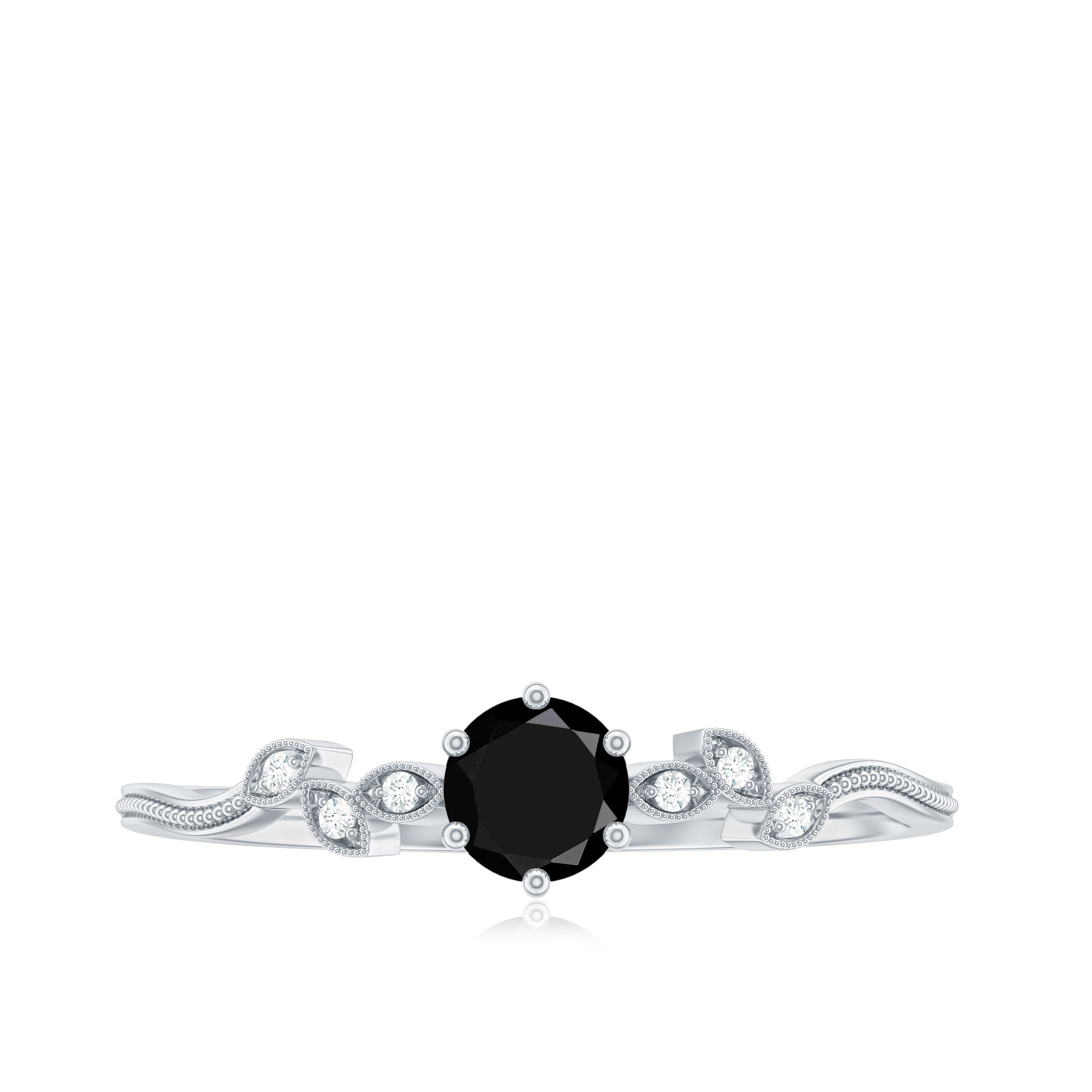 Prong Set Black Onyx and Beaded Diamond Promise Ring Black Onyx - ( AAA ) - Quality - Rosec Jewels