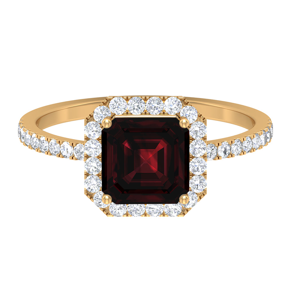 Asscher Cut Garnet Halo Engagement Ring with Diamond Garnet - ( AAA ) - Quality - Rosec Jewels