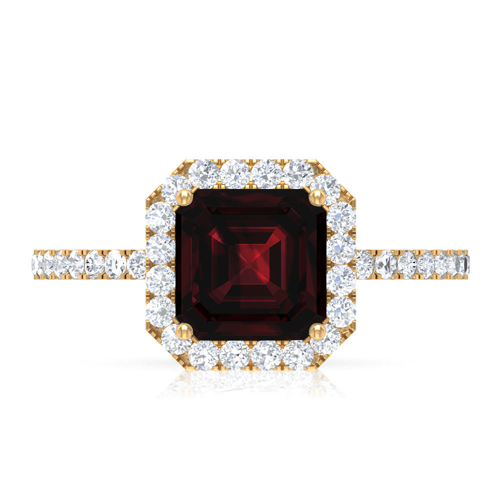 Asscher Cut Garnet Halo Engagement Ring with Diamond Garnet - ( AAA ) - Quality - Rosec Jewels