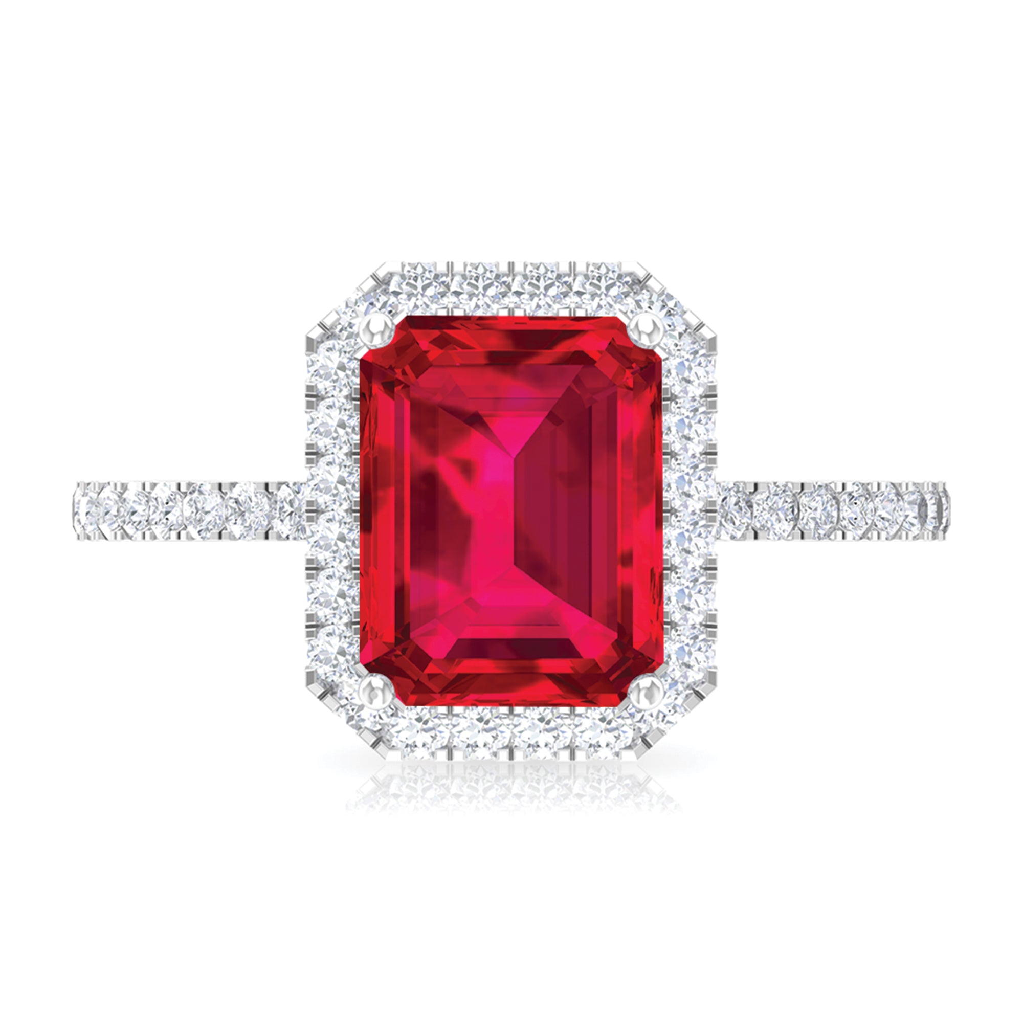 Emerald Cut Lab Grown Ruby Engagement Ring with Diamond Halo Lab Created Ruby - ( AAAA ) - Quality - Rosec Jewels