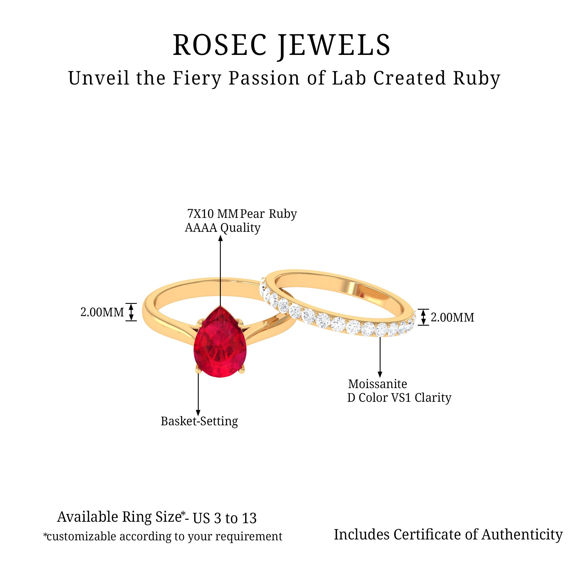 Pear Shape Created Ruby Solitaire Wedding Ring Set with Moissanite Lab Created Ruby - ( AAAA ) - Quality - Rosec Jewels