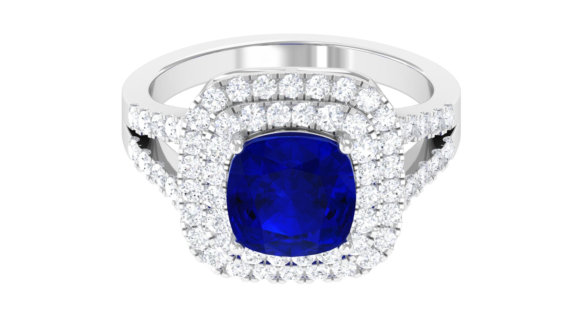 Rosec Jewels-3 CT Cushion Cut Created Blue Sapphire Engagement Ring with Double Halo Moissanite