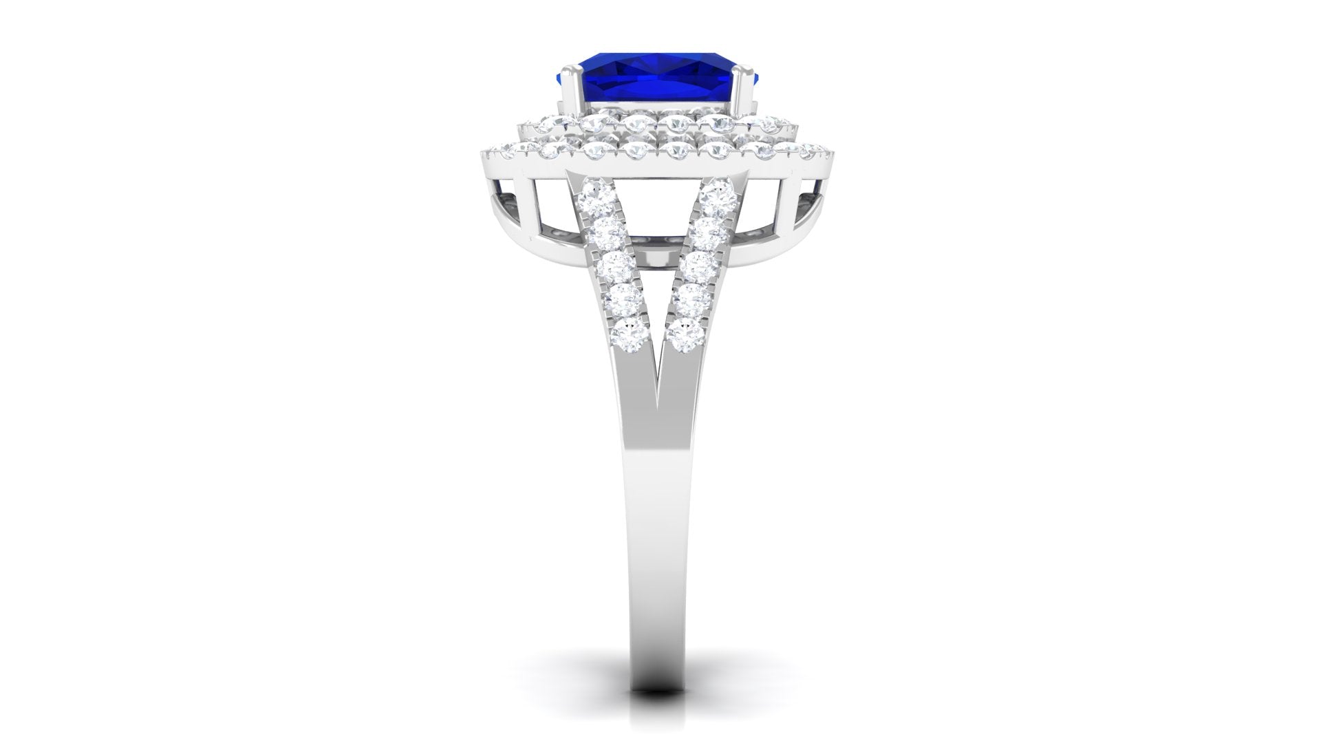 Rosec Jewels-3 CT Cushion Cut Created Blue Sapphire Engagement Ring with Double Halo Moissanite