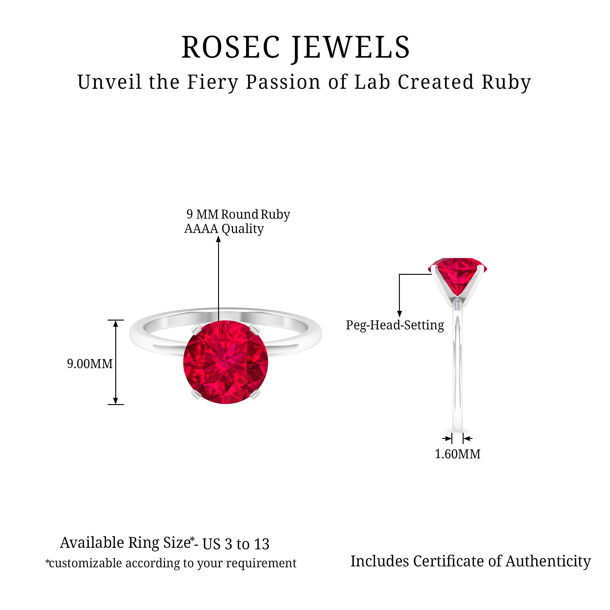 9 MM Round Cut Created Ruby Solitaire Ring for Women Lab Created Ruby - ( AAAA ) - Quality - Rosec Jewels