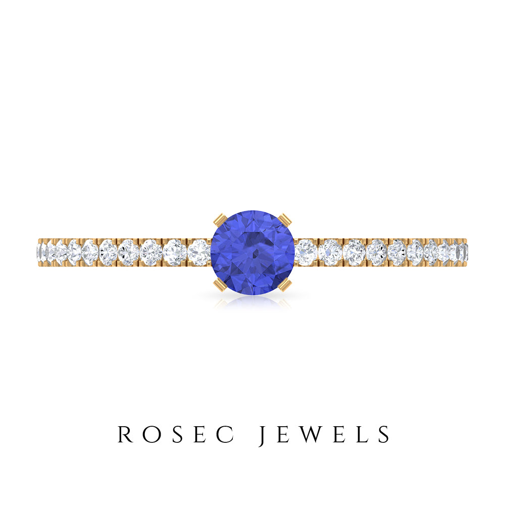 Tanzanite Dainty Solitaire Ring with French Pave Set Diamond Tanzanite - ( AAA ) - Quality - Rosec Jewels