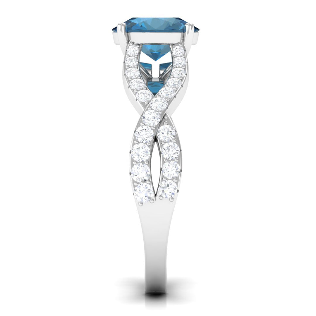 4 Prong Set Solitaire London Blue Topaz Crossover Ring with Diamond Accent London Blue Topaz - ( AAA ) - Quality - Rosec Jewels