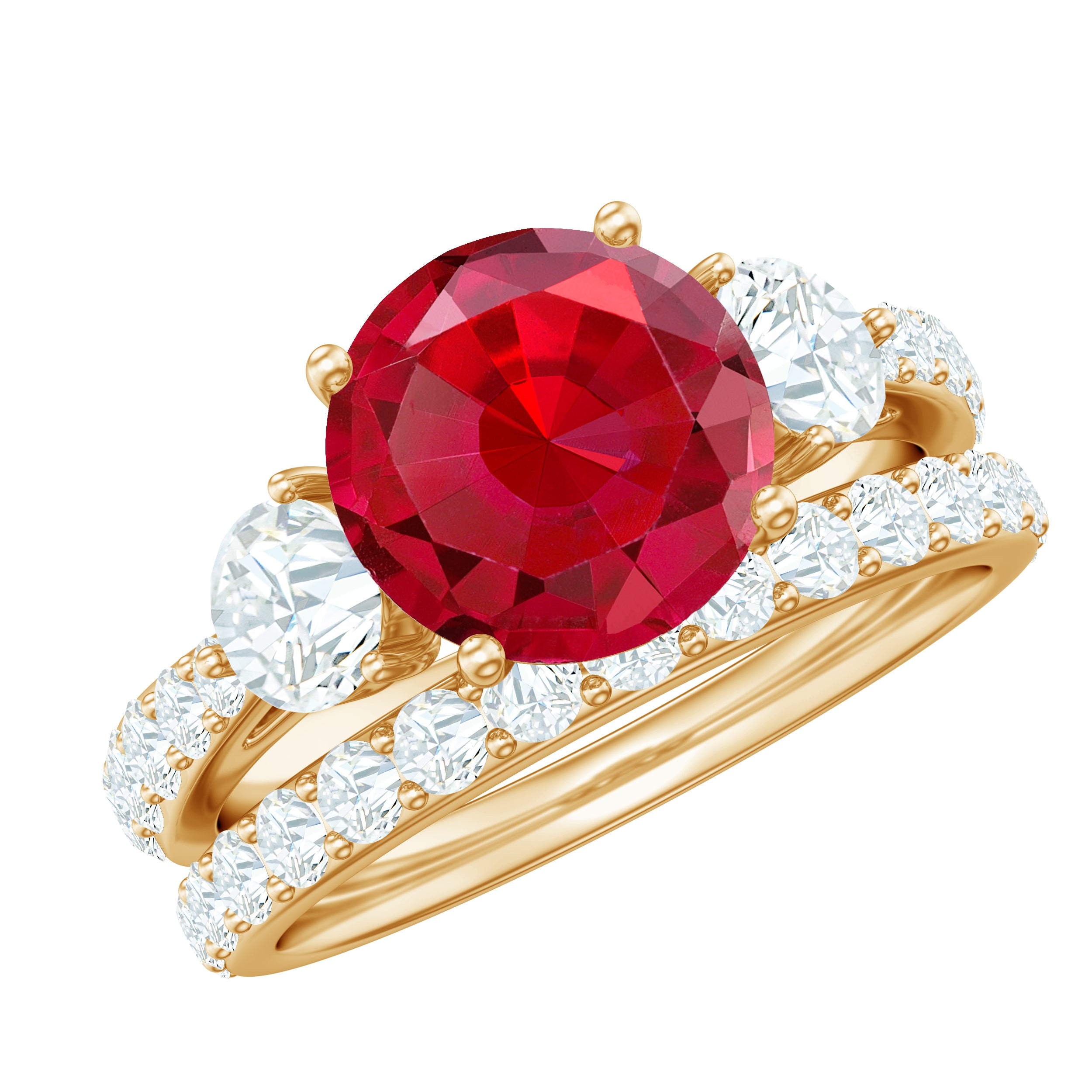 Classic Created Ruby Bridal Ring Set with Moissanite in Gold Lab Created Ruby - ( AAAA ) - Quality - Rosec Jewels