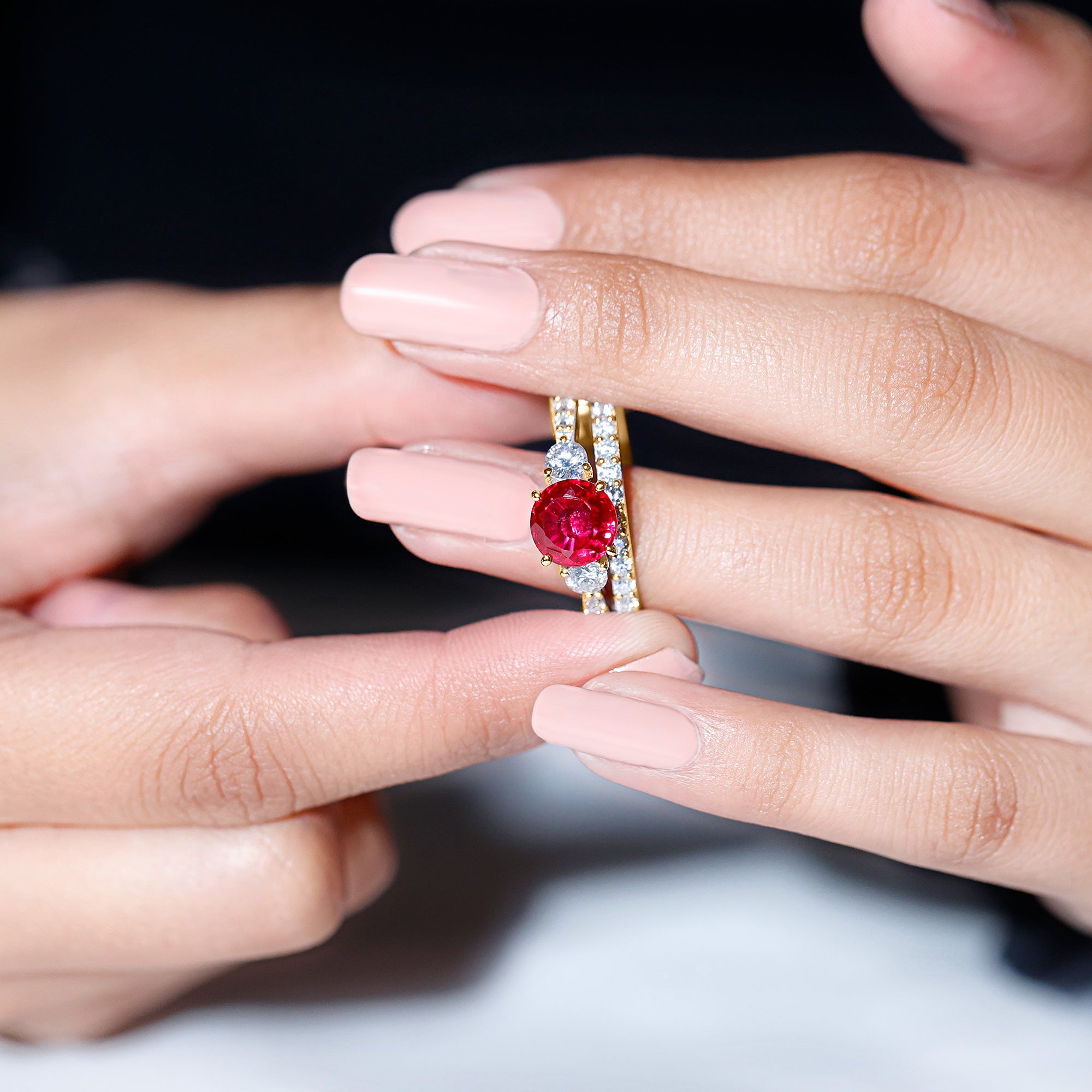 Classic Created Ruby Bridal Ring Set with Moissanite in Gold Lab Created Ruby - ( AAAA ) - Quality - Rosec Jewels