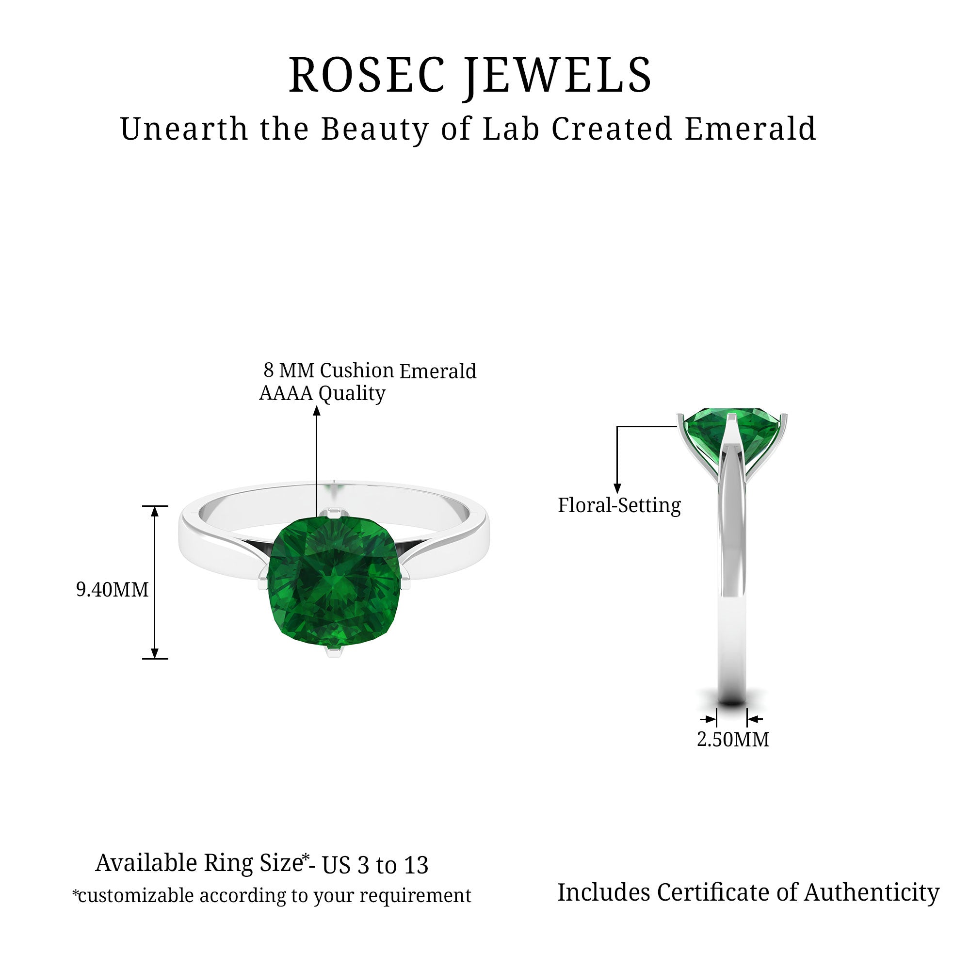 Cushion Cut Lab Grown Emerald Solitaire Engagement Ring Lab Created Emerald - ( AAAA ) - Quality - Rosec Jewels