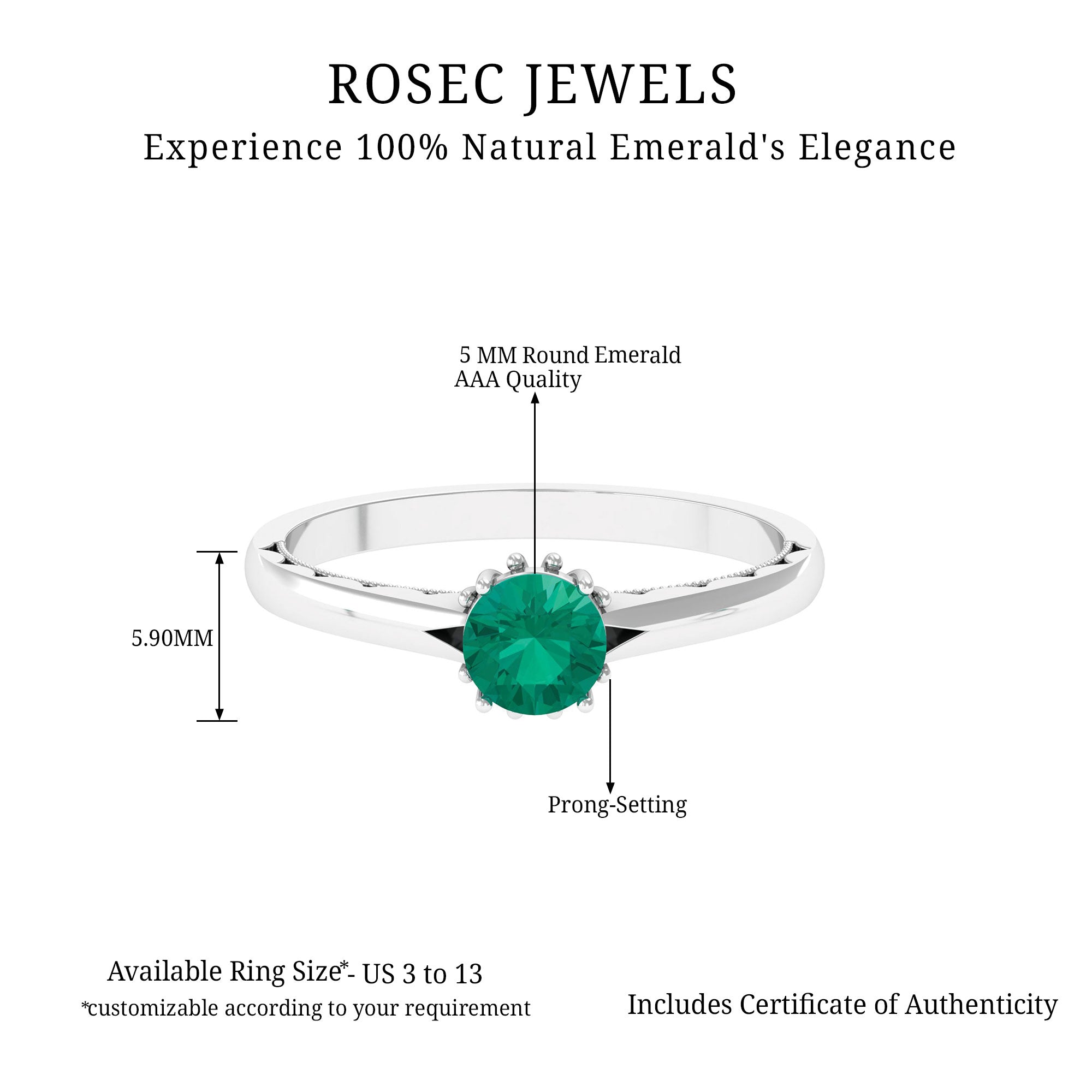 May Birthstone 5 MM Emerald Solitaire Ring with Milgrain Detailing Emerald - ( AAA ) - Quality - Rosec Jewels