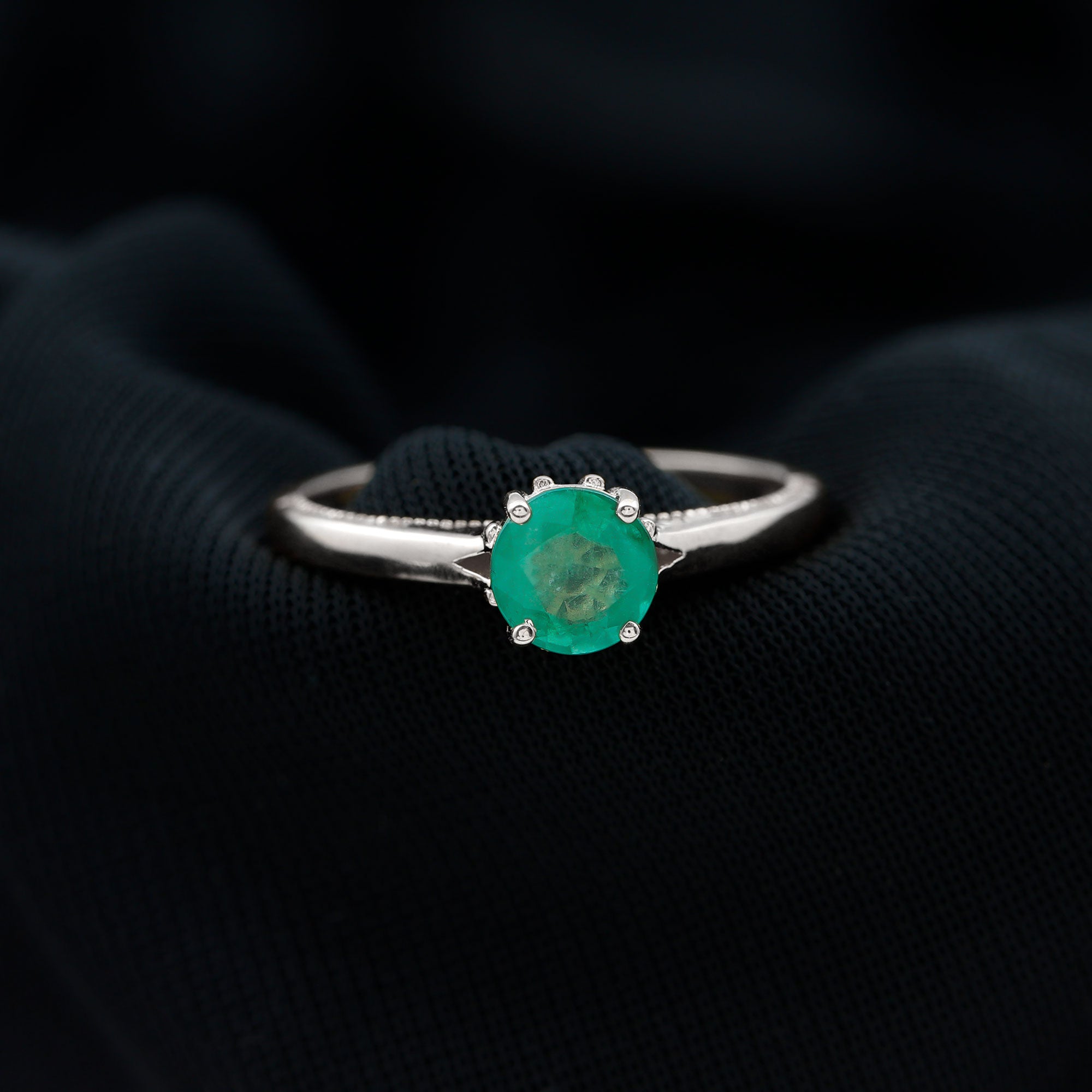 May Birthstone 5 MM Emerald Solitaire Ring with Milgrain Detailing Emerald - ( AAA ) - Quality - Rosec Jewels