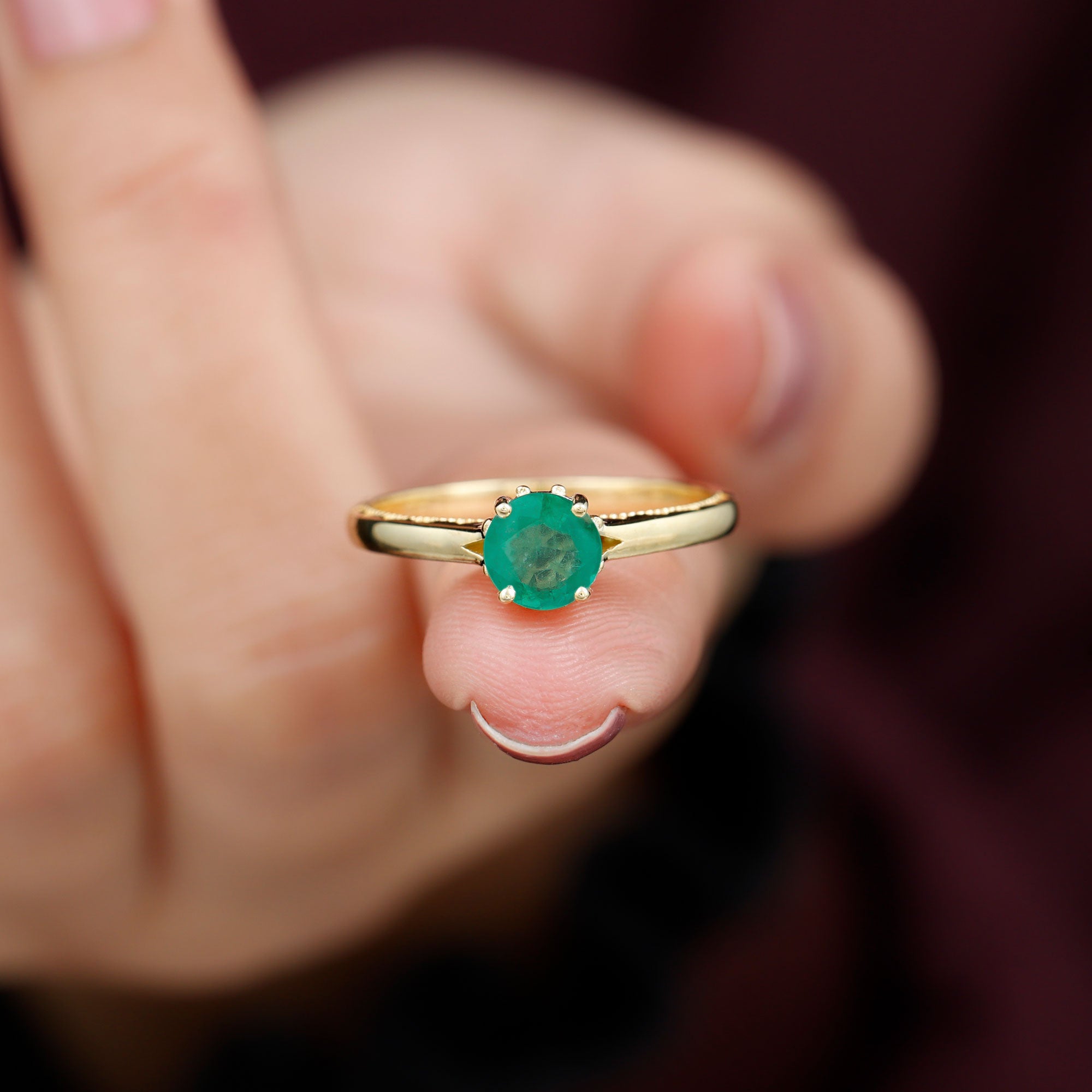 May Birthstone 5 MM Emerald Solitaire Ring with Milgrain Detailing Emerald - ( AAA ) - Quality - Rosec Jewels