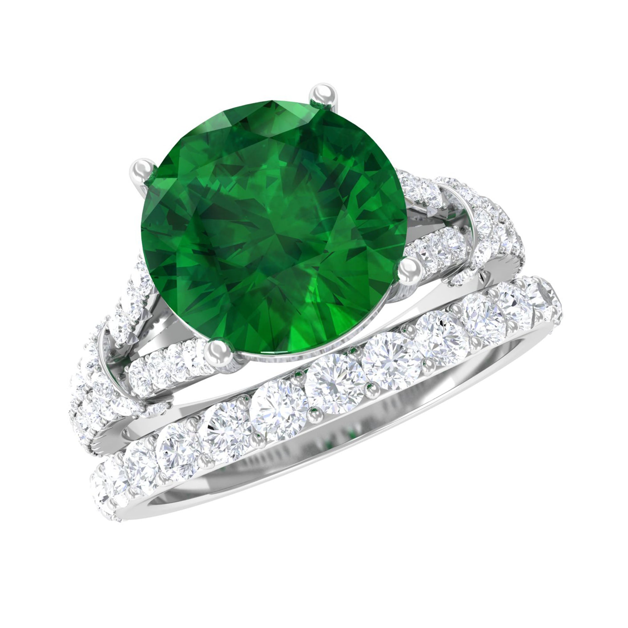 Split Shank Created Emerald Solitaire Wedding Ring Set with Moissanite Lab Created Emerald - ( AAAA ) - Quality - Rosec Jewels