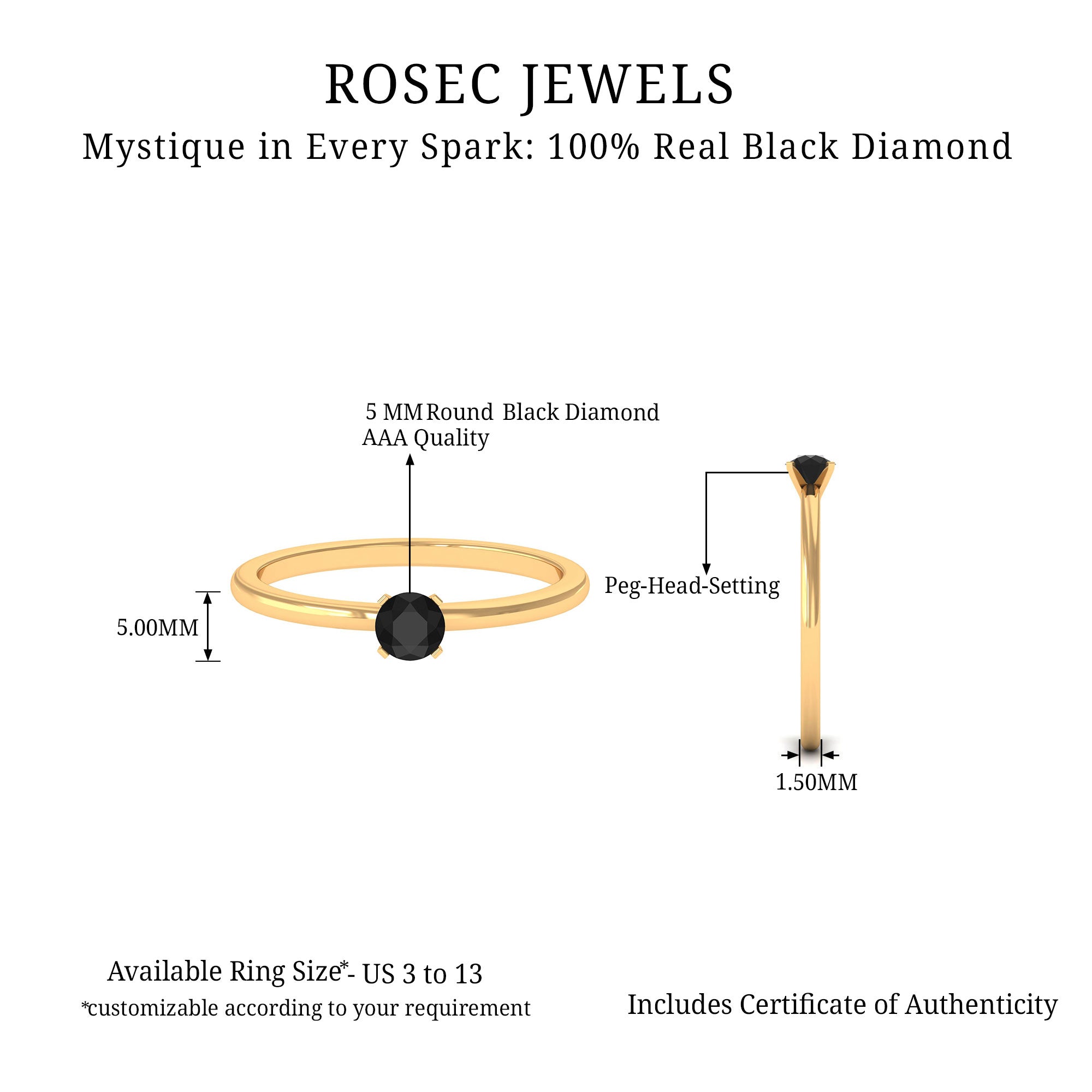 Simple Solitaire Ring with 1/4 CT Black Diamond Black Diamond - ( AAA ) - Quality - Rosec Jewels