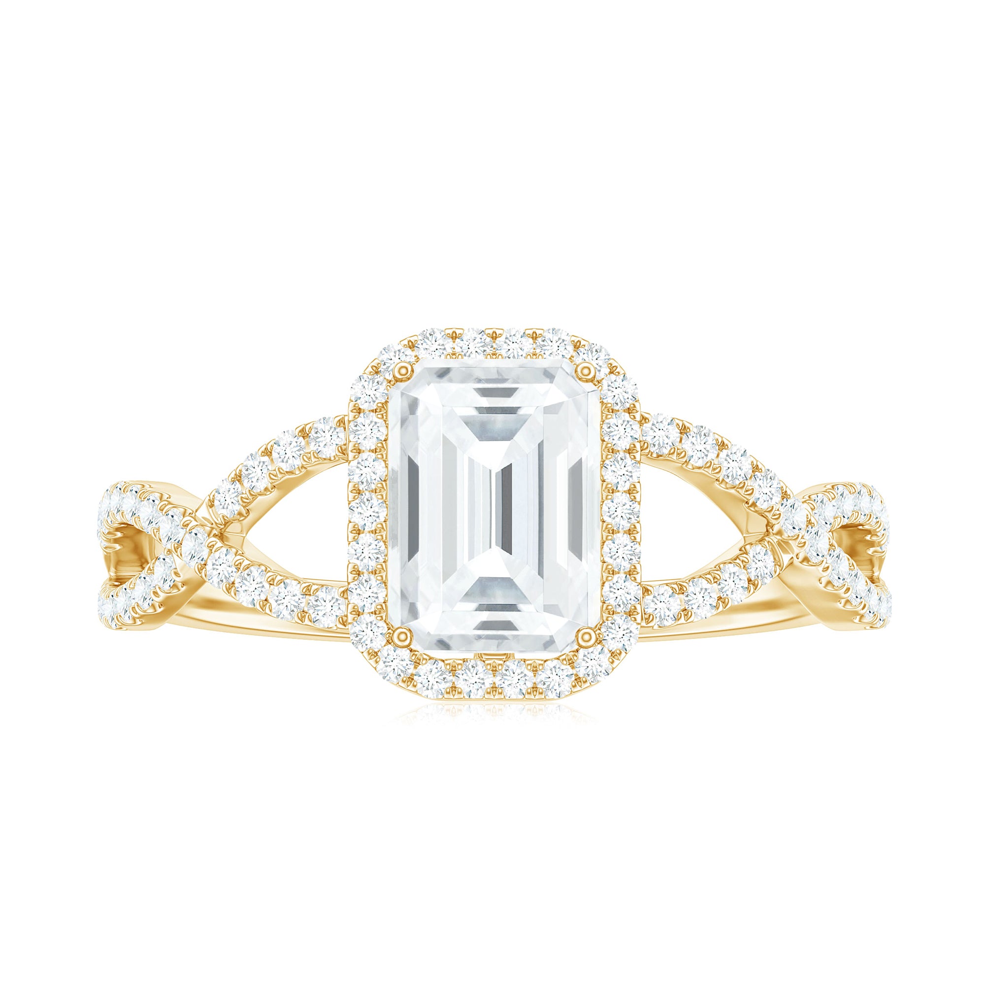 Emerald Cut Moissanite Crossover Engagement Ring in Gold Moissanite - ( D-VS1 ) - Color and Clarity - Rosec Jewels