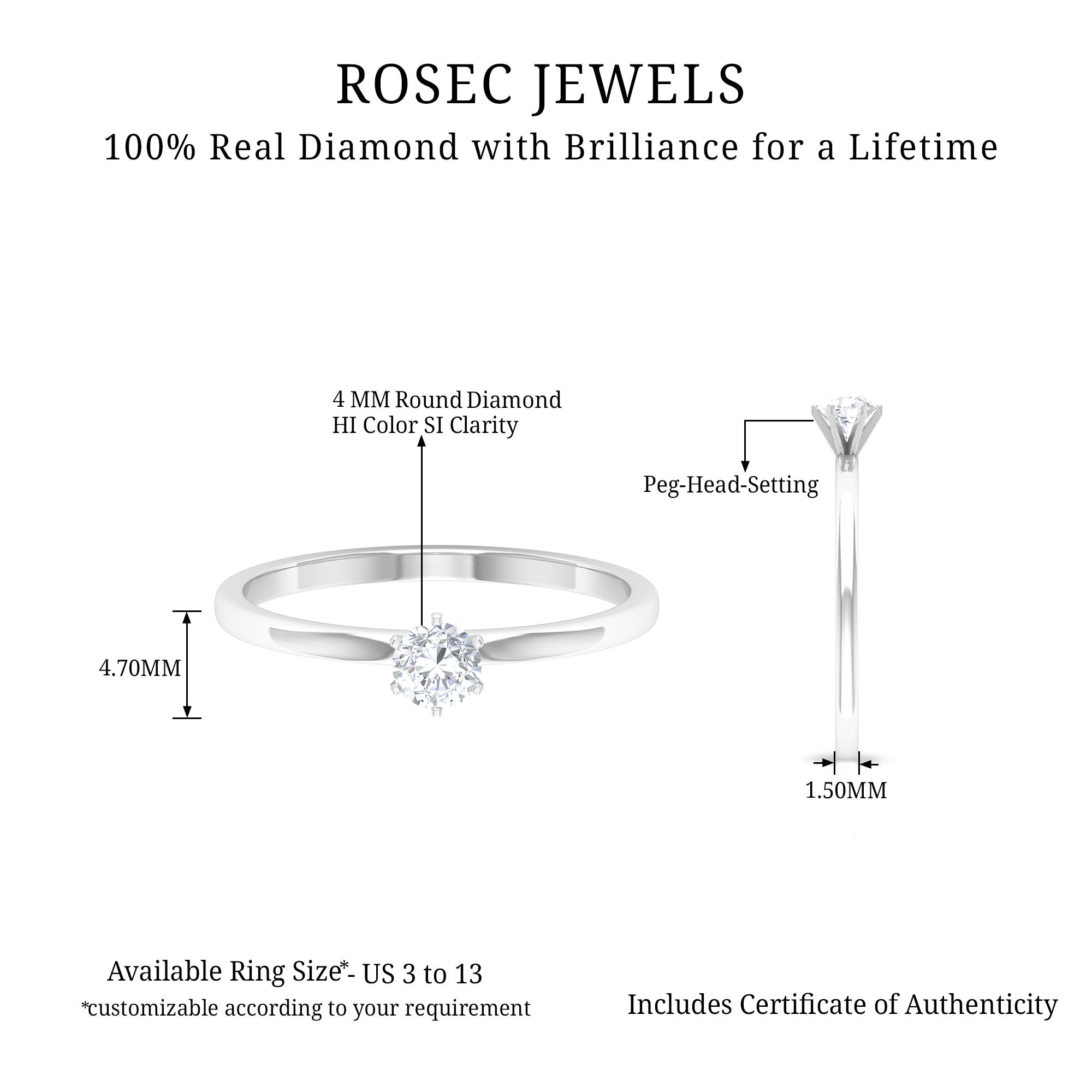 Minimal Round Diamond Solitaire Ring in Gold Diamond - ( HI-SI ) - Color and Clarity - Rosec Jewels