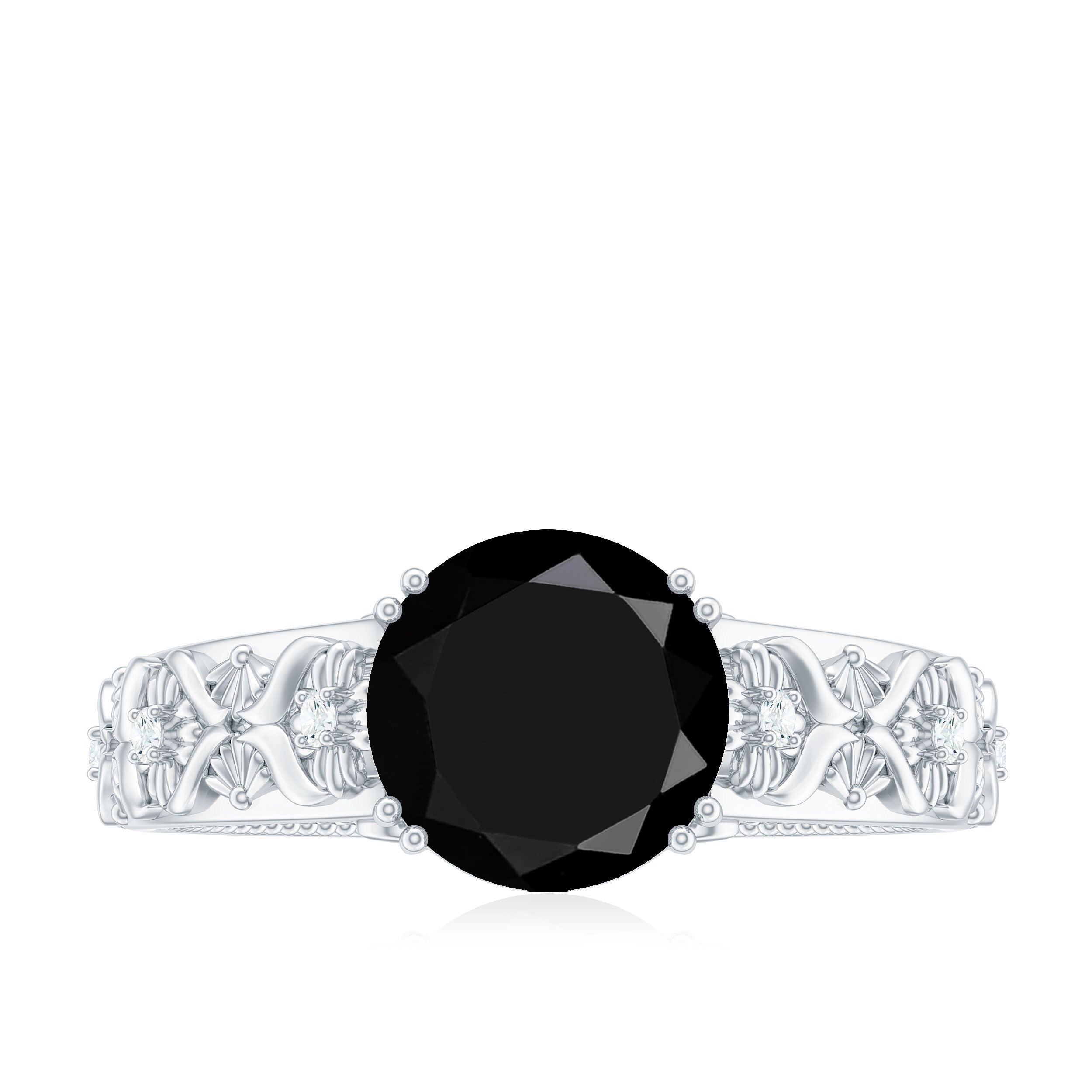 Solitaire Black Spinel Flower Engagement Ring with Diamond Black Spinel - ( AAA ) - Quality - Rosec Jewels