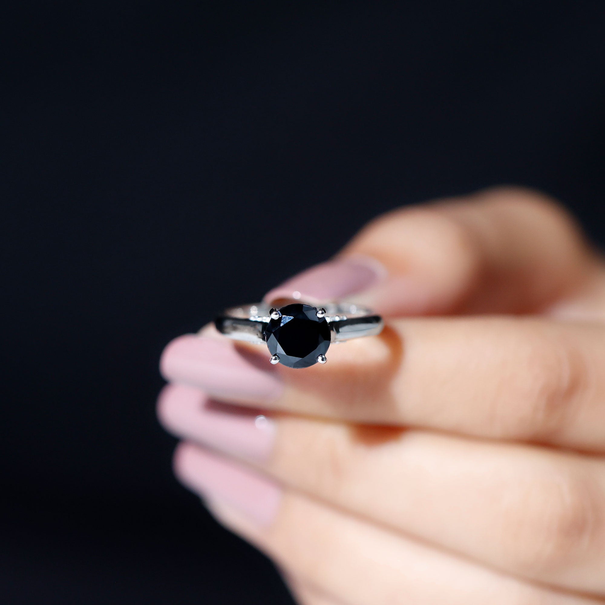 Classic Black Onyx Solitaire Ring with Surprise Diamond Accent Black Onyx - ( AAA ) - Quality - Rosec Jewels