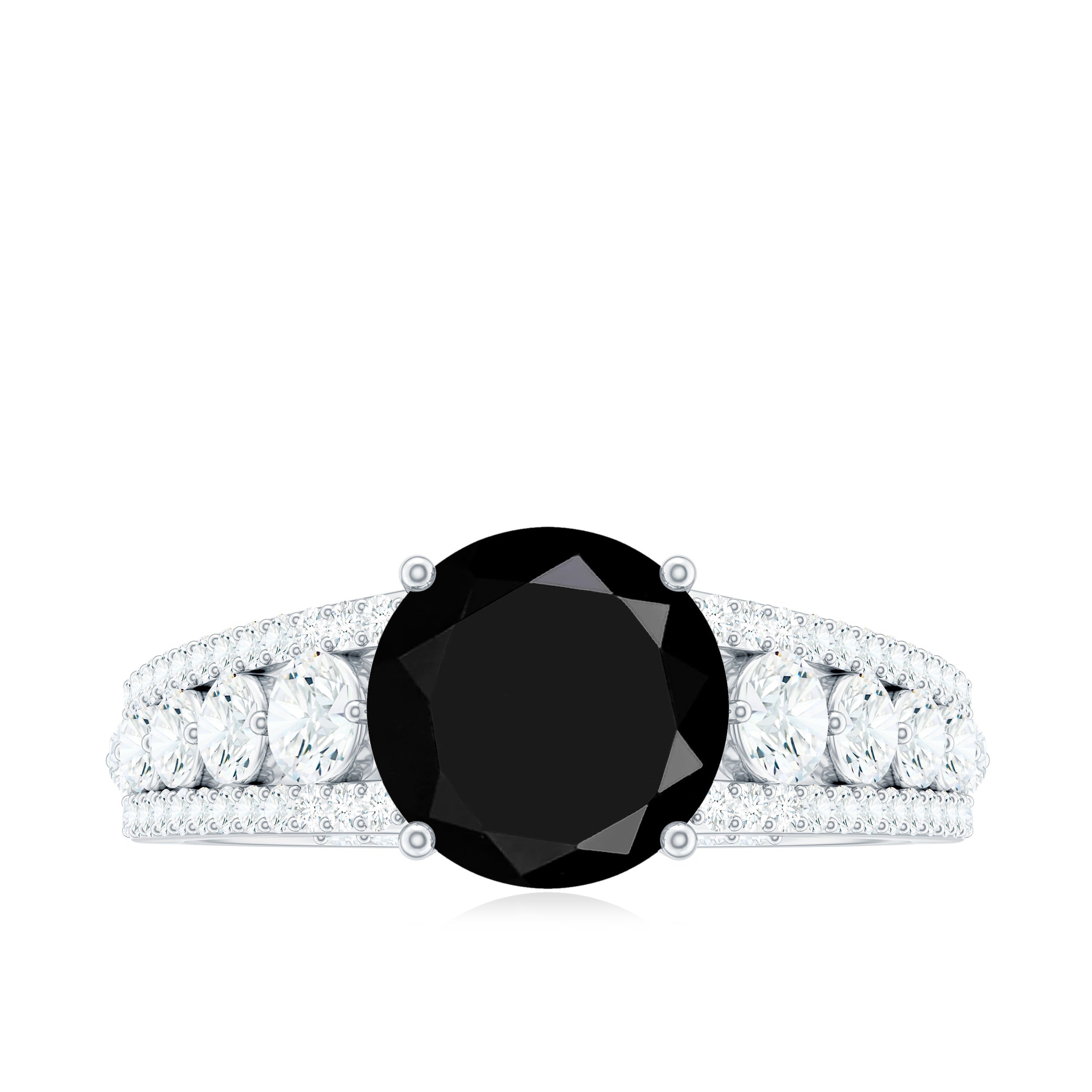 Round Black Onyx and Moissanite Statement Engagement Ring Black Onyx - ( AAA ) - Quality - Rosec Jewels