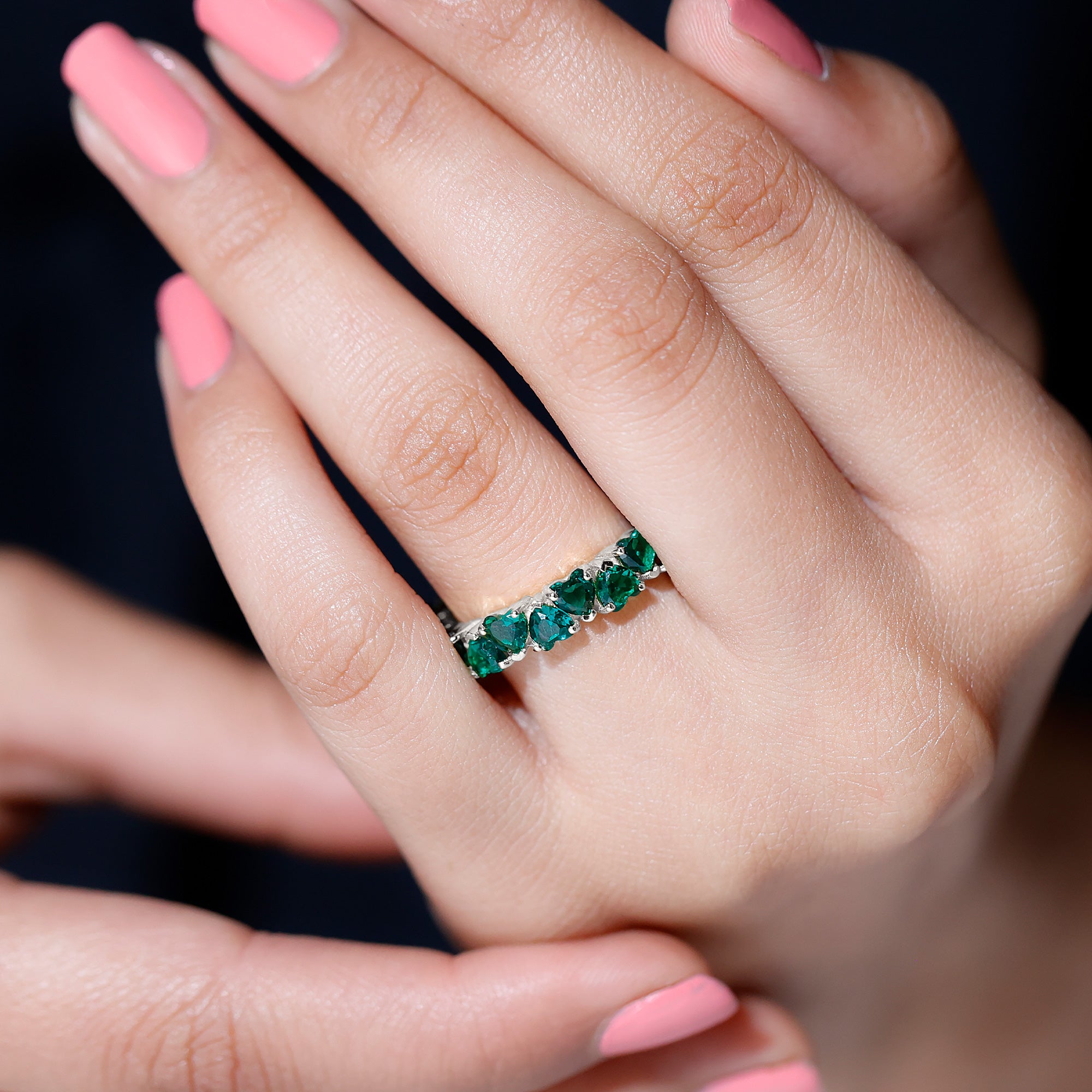 Claw Set Lab-Created Emerald Heart Eternity Band Ring in Gold Lab Created Emerald - ( AAAA ) - Quality - Rosec Jewels