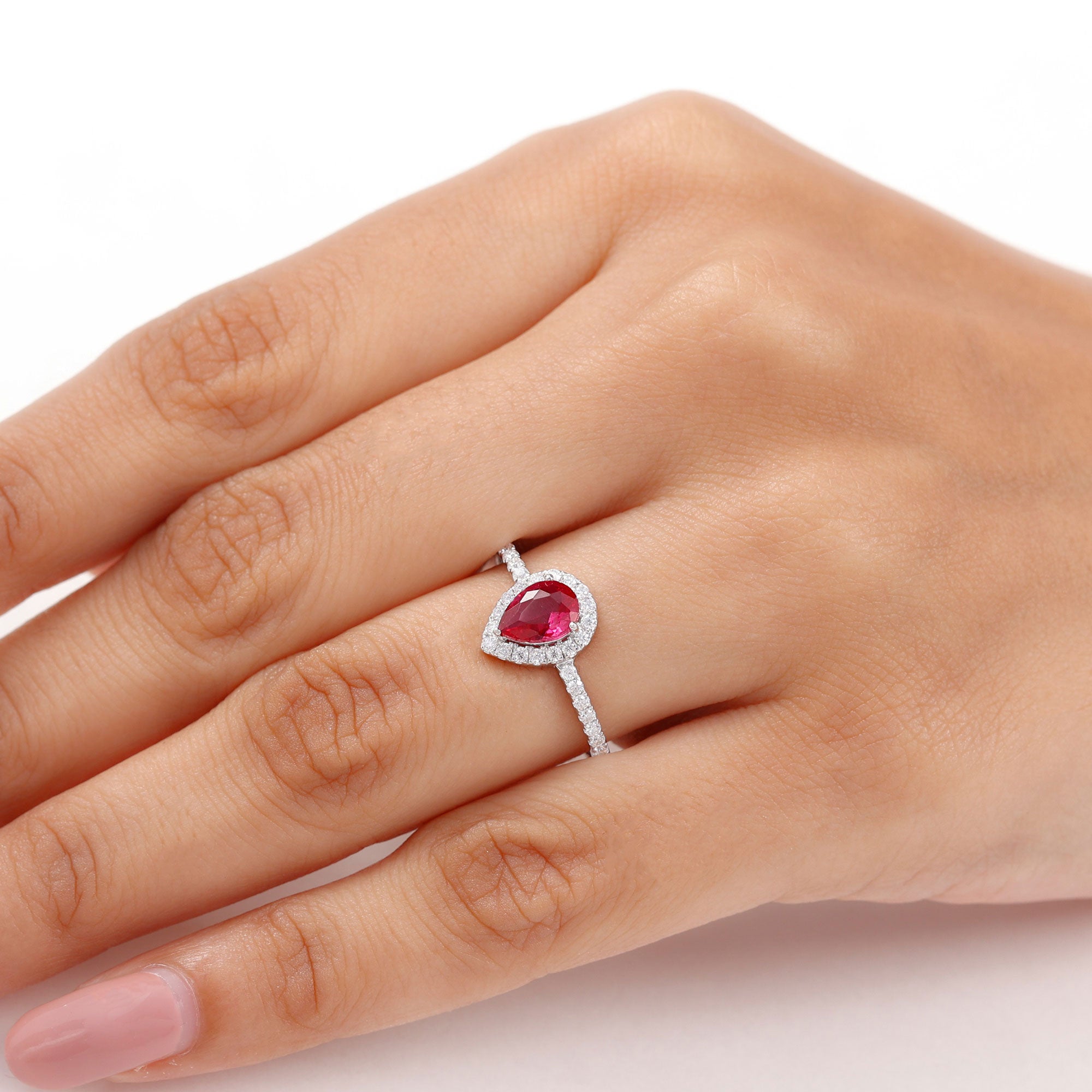 Created Ruby Halo Engagement Ring With Diamond Accent Lab Created Ruby - ( AAAA ) - Quality - Rosec Jewels