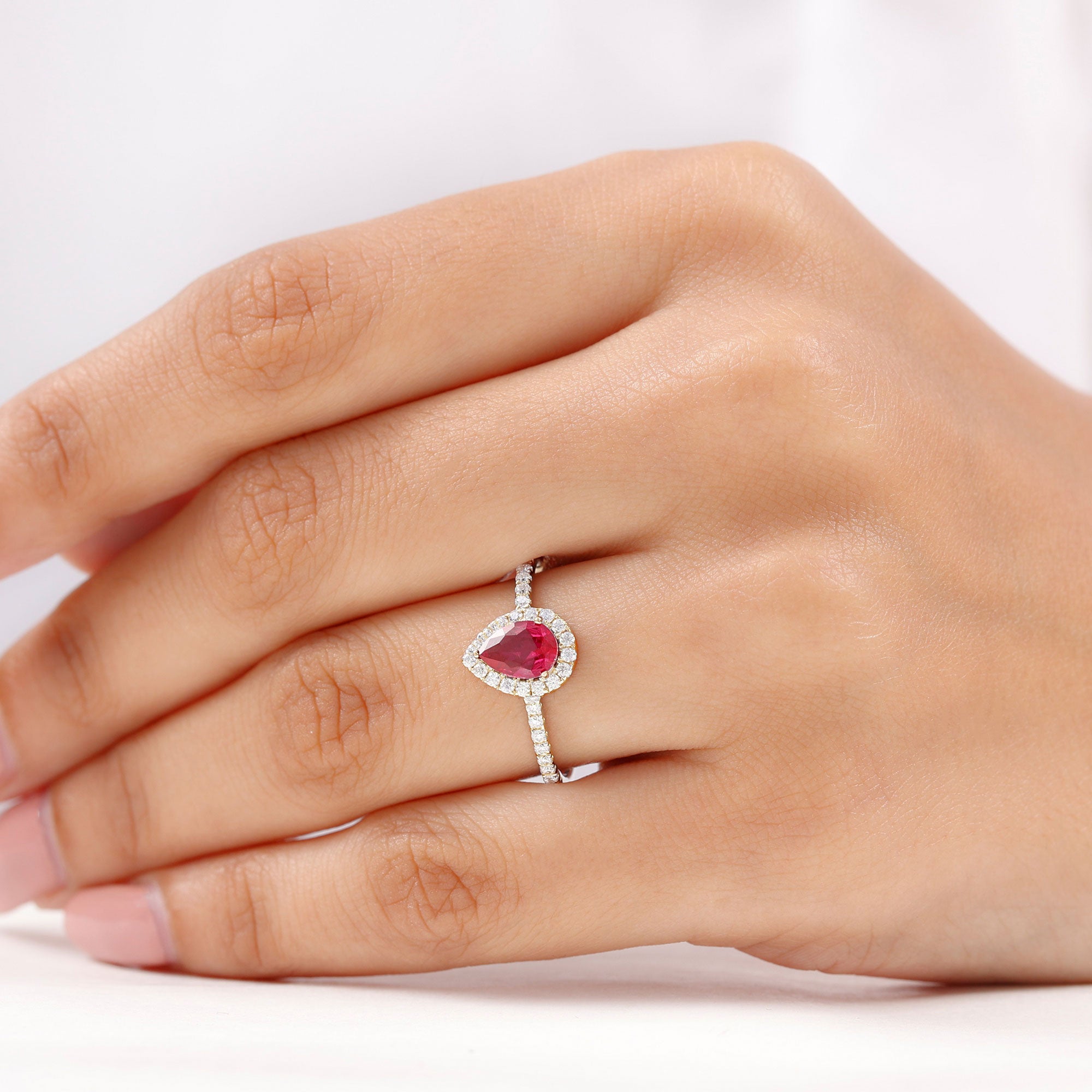 Created Ruby Halo Engagement Ring With Diamond Accent Lab Created Ruby - ( AAAA ) - Quality - Rosec Jewels