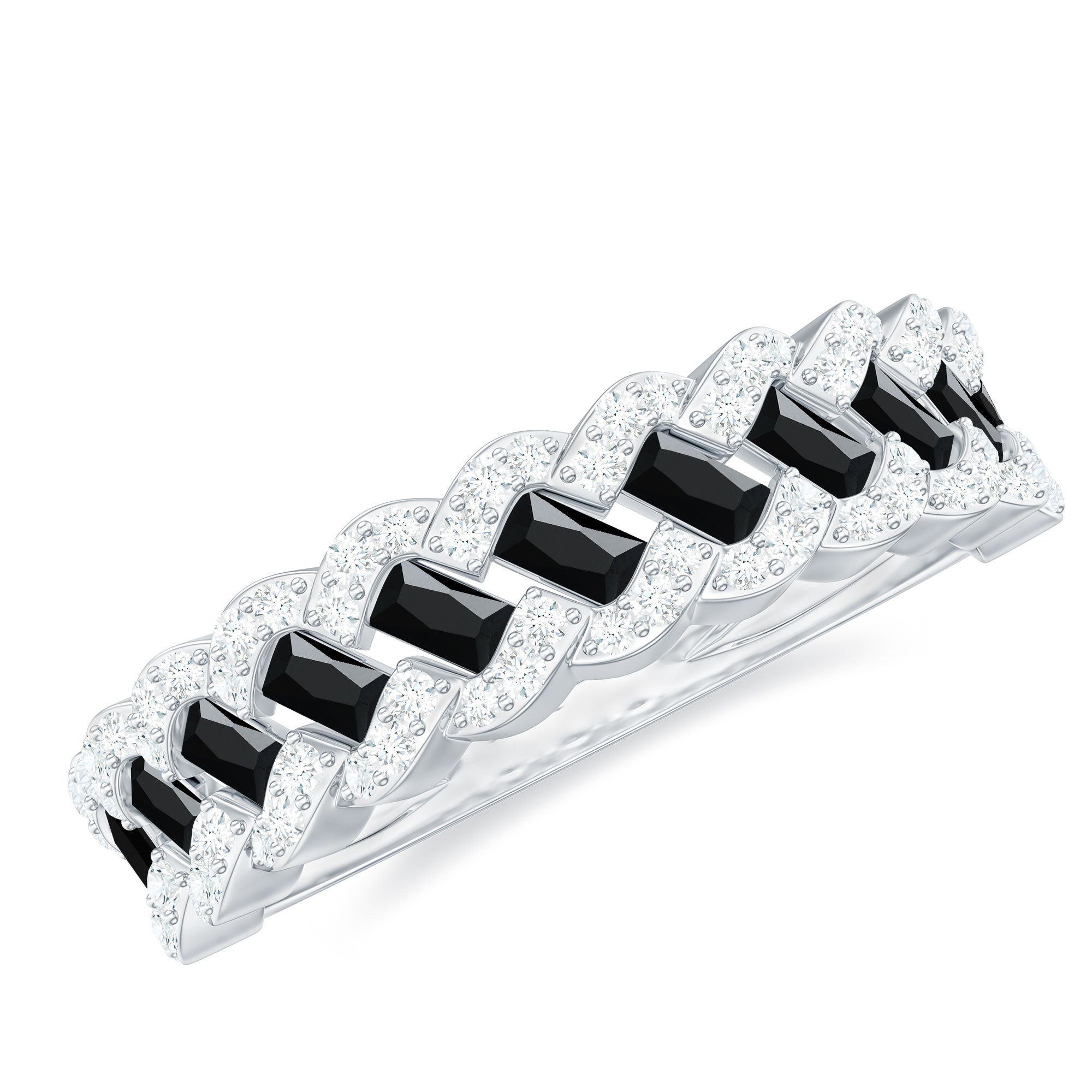 Baguette Created Black Diamond and Diamond Braided Half Eternity Band Ring Lab Created Black Diamond - ( AAAA ) - Quality - Rosec Jewels