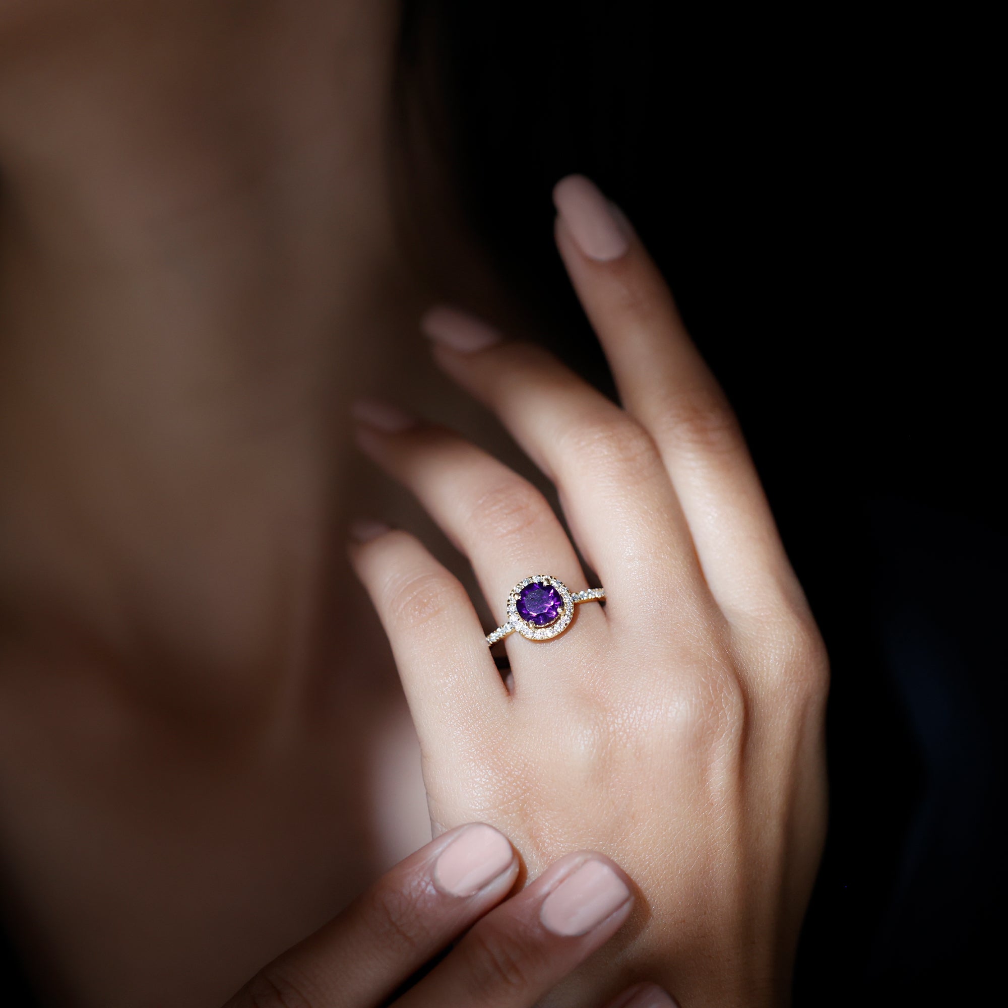 Classic Round Amethyst Engagement Ring with Moissanite Halo Amethyst - ( AAA ) - Quality - Rosec Jewels