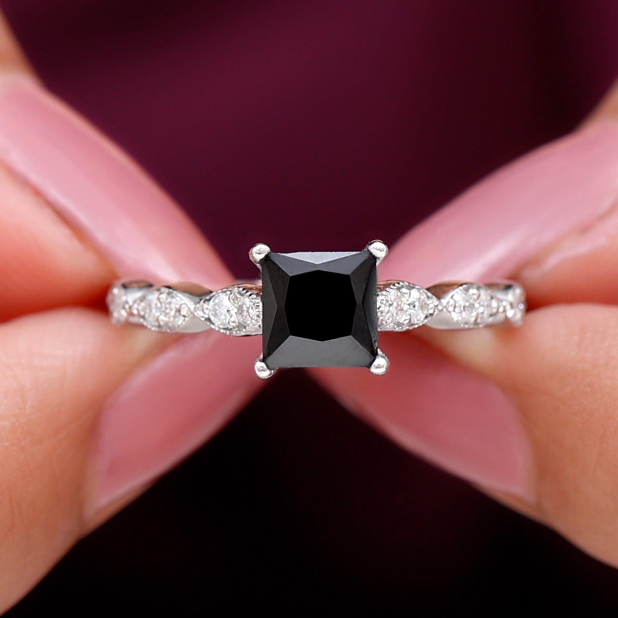 Princess Cut Black Onyx Ring With Diamond Black Onyx - ( AAA ) - Quality - Rosec Jewels