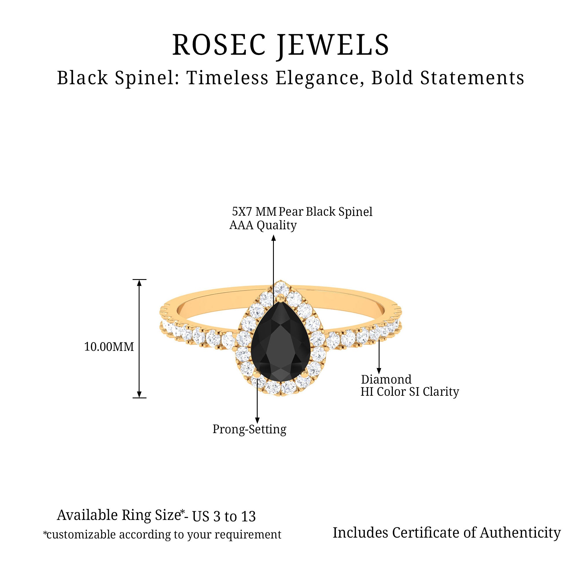 Pear Cut Black Spinel Solitaire Ring with Diamond Accent Black Spinel - ( AAA ) - Quality - Rosec Jewels