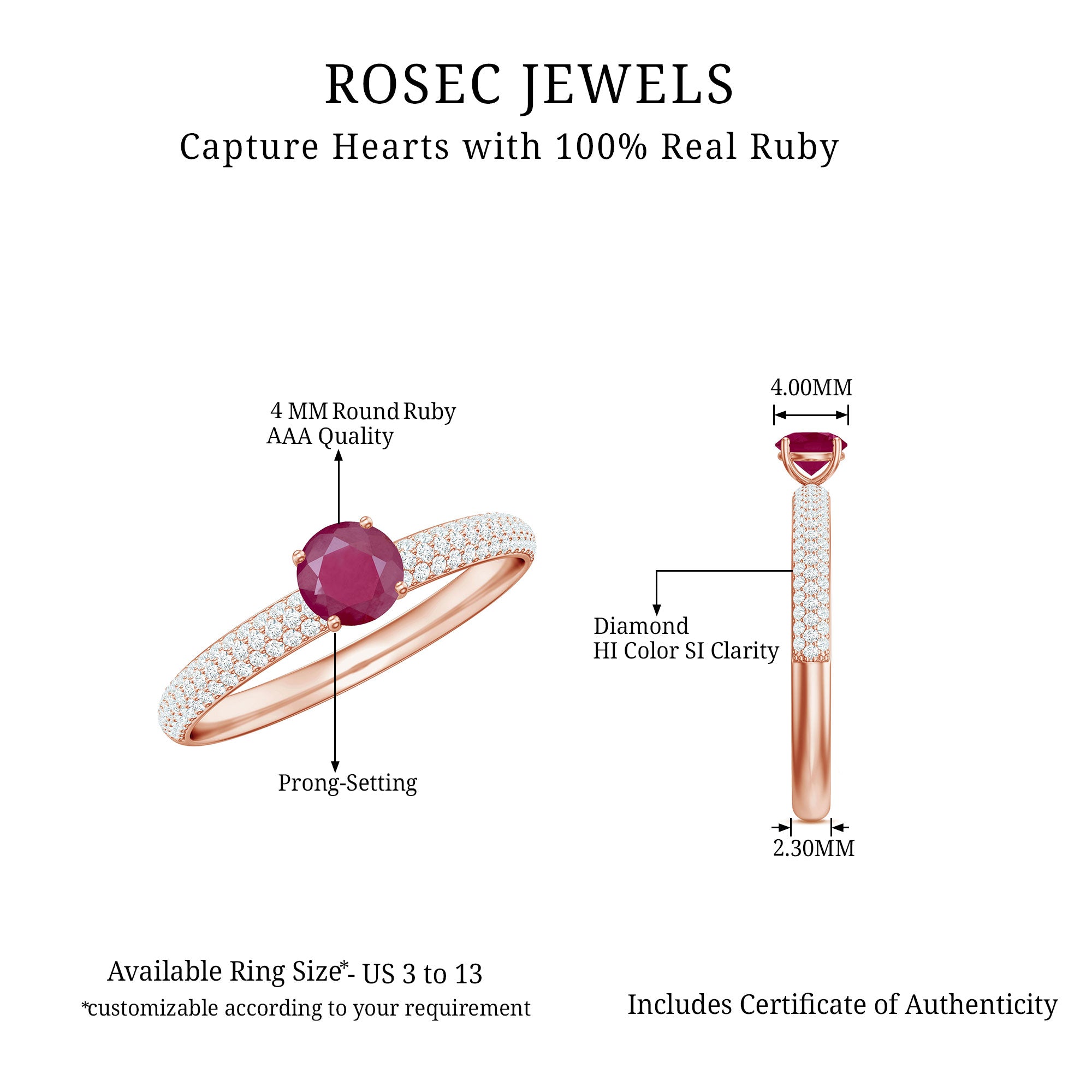 Natural Ruby Solitaire Ring with Diamond Side Stones Ruby - ( AAA ) - Quality - Rosec Jewels