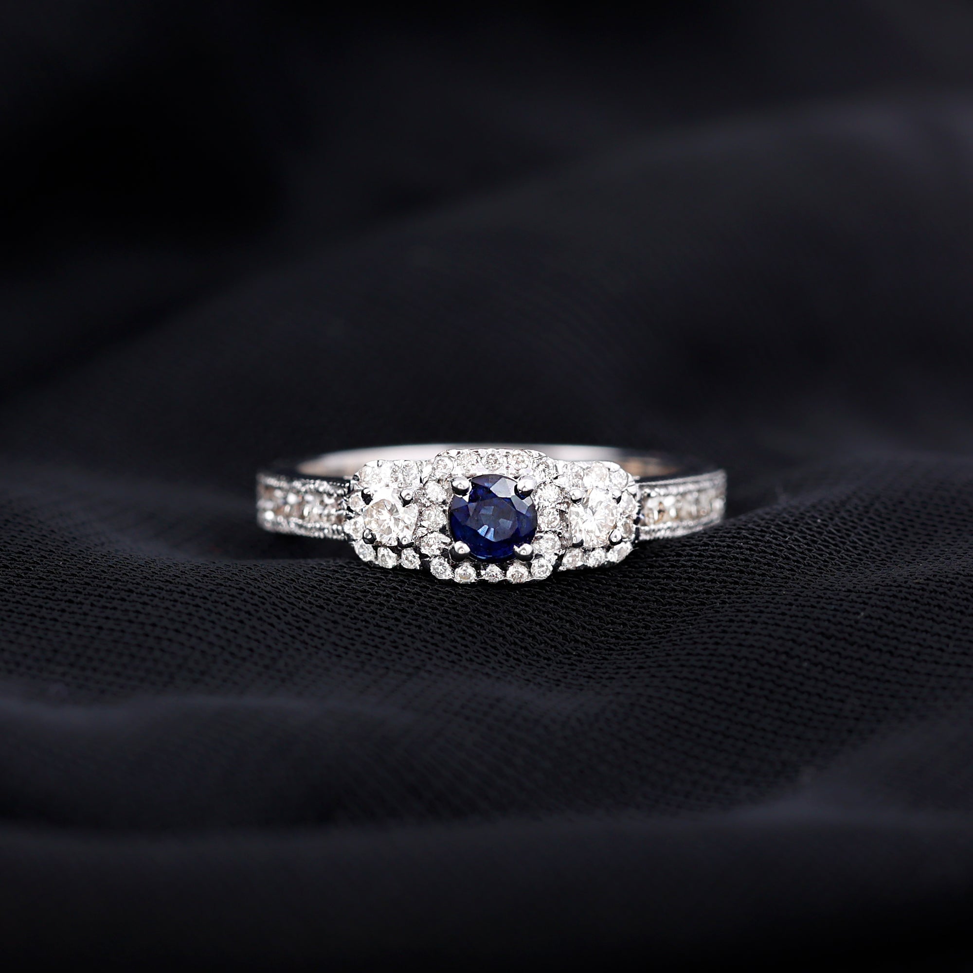 1 CT Vintage Inspired Blue Sapphire Engagement Ring with Diamond Blue Sapphire - ( AAA ) - Quality - Rosec Jewels