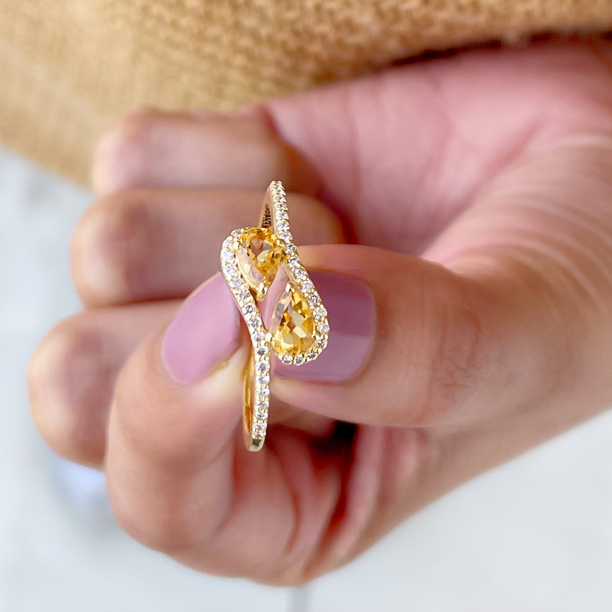 Pear Shape Citrine Two Stone Bypass Ring with Diamond Citrine - ( AAA ) - Quality - Rosec Jewels