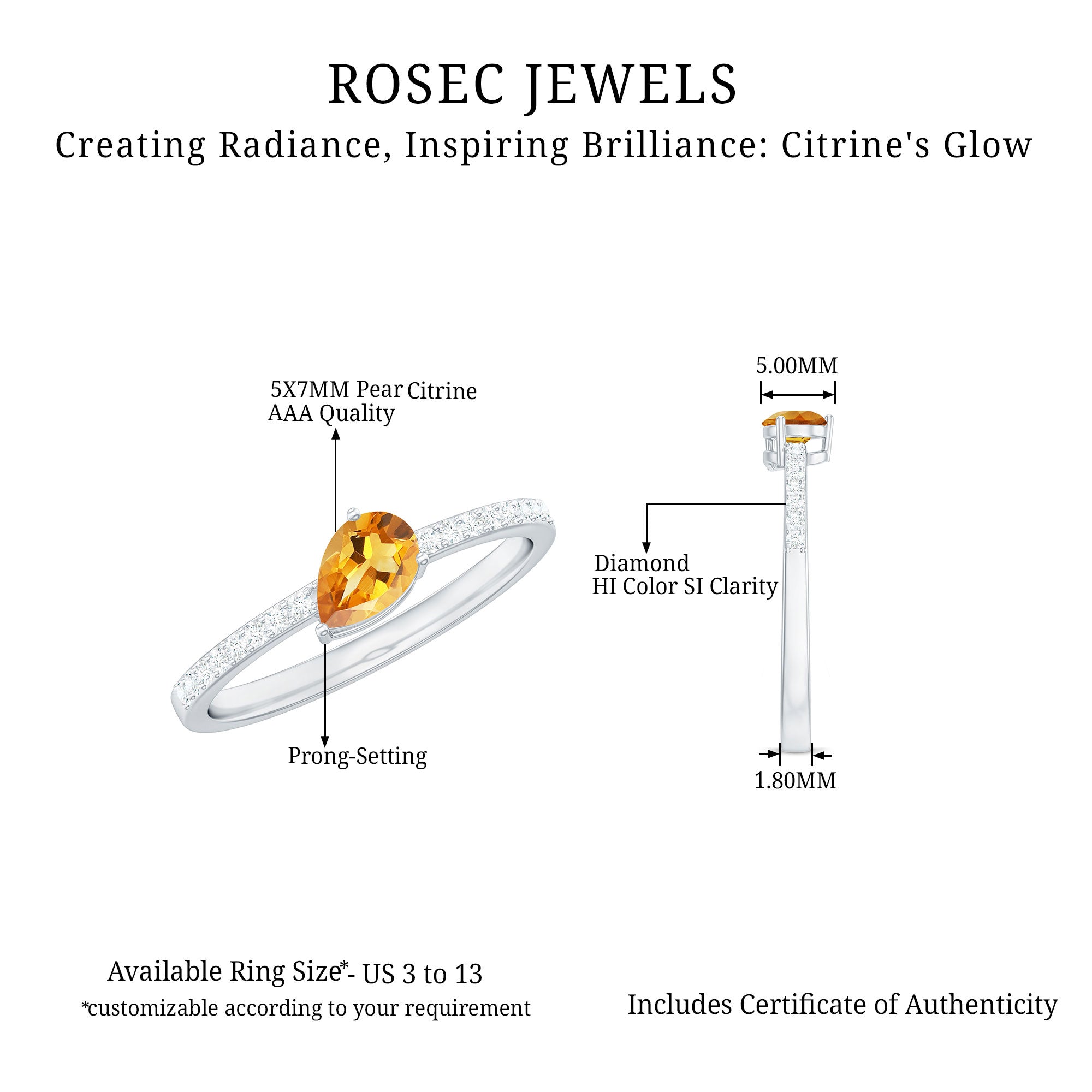 Real Citrine Solitaire Promise Ring with Diamond Side Stones Citrine - ( AAA ) - Quality - Rosec Jewels