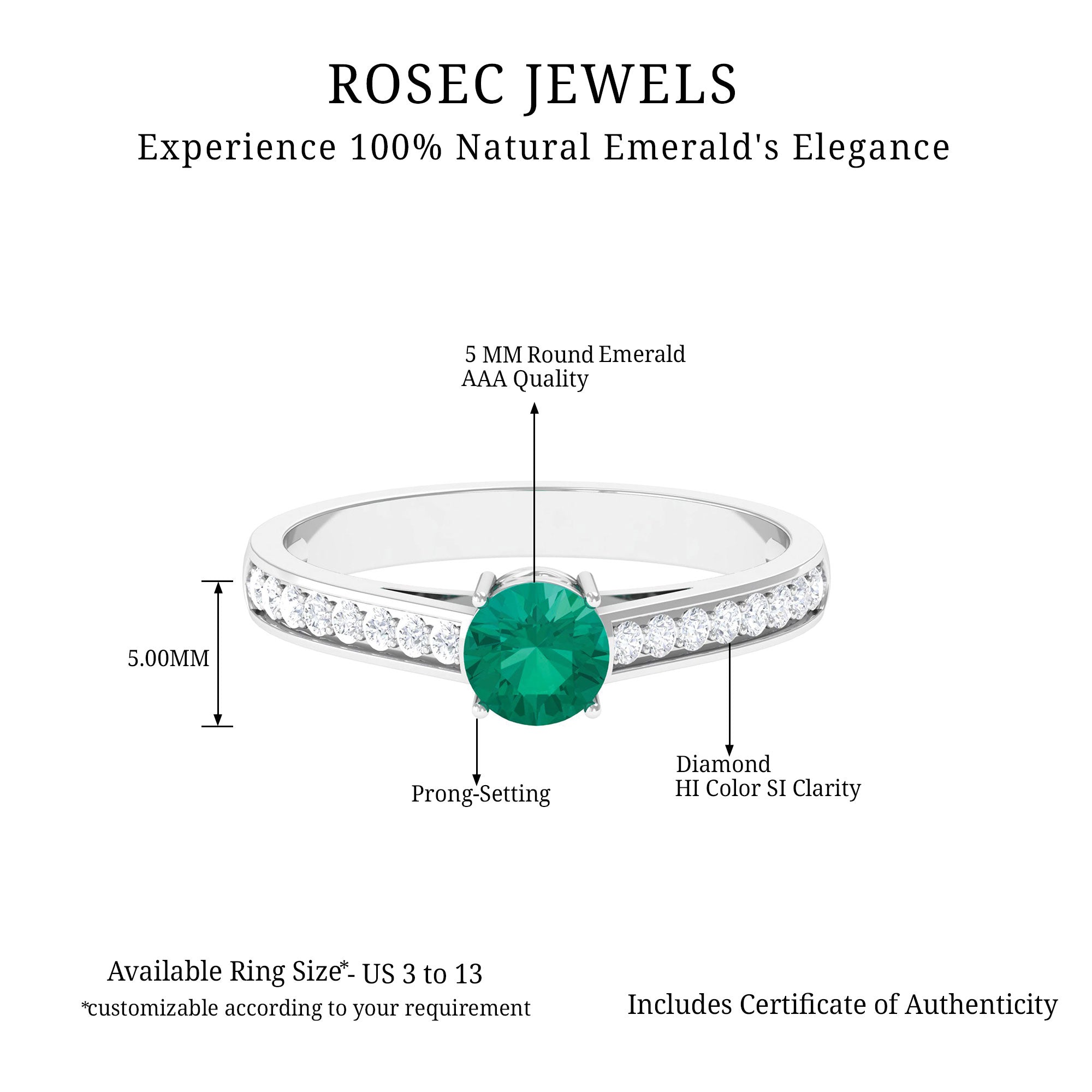 1 CT Classic Emerald and Diamond Ring Emerald - ( AAA ) - Quality - Rosec Jewels