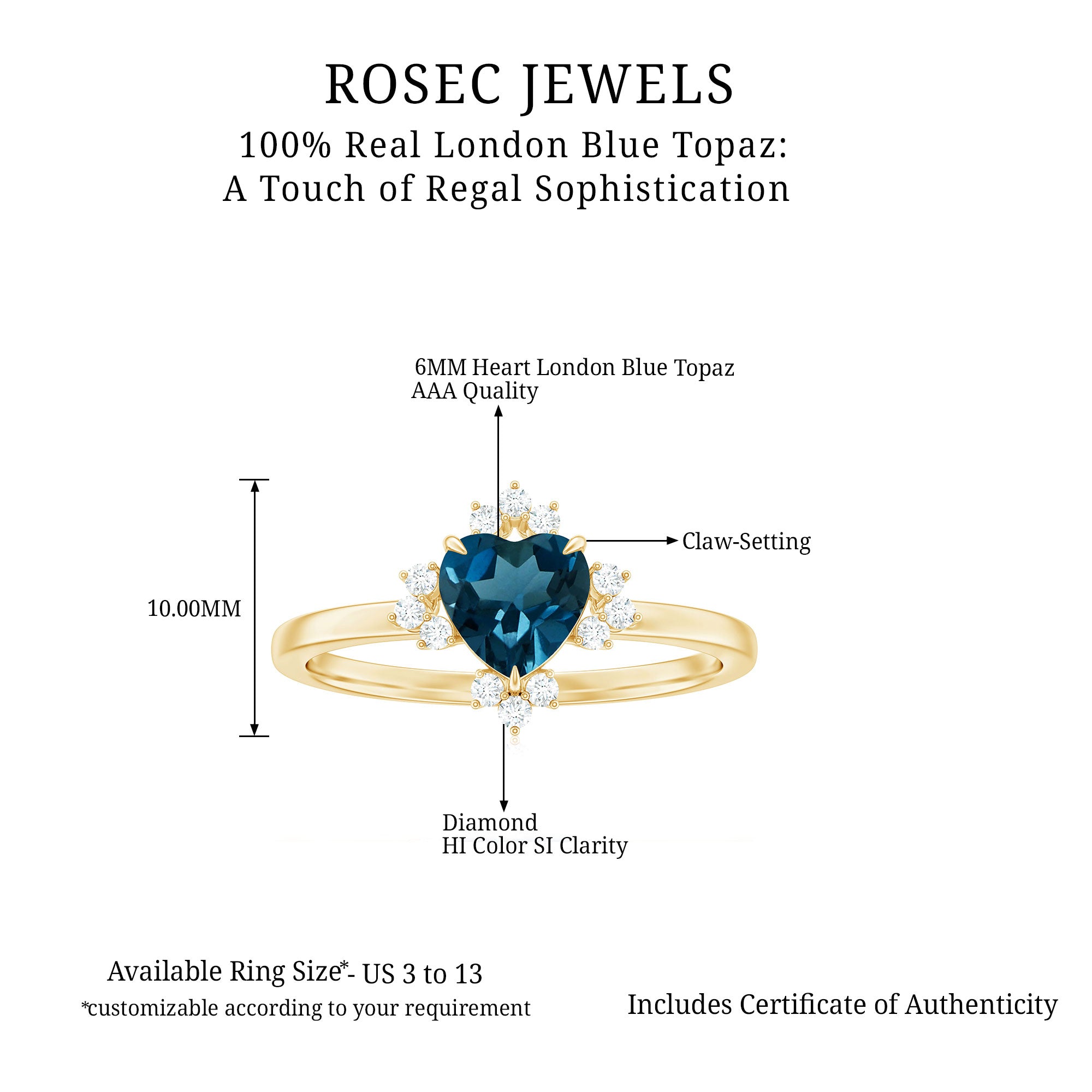 1 CT Heart Shape London Blue Topaz Ring with Diamond Accent London Blue Topaz - ( AAA ) - Quality - Rosec Jewels