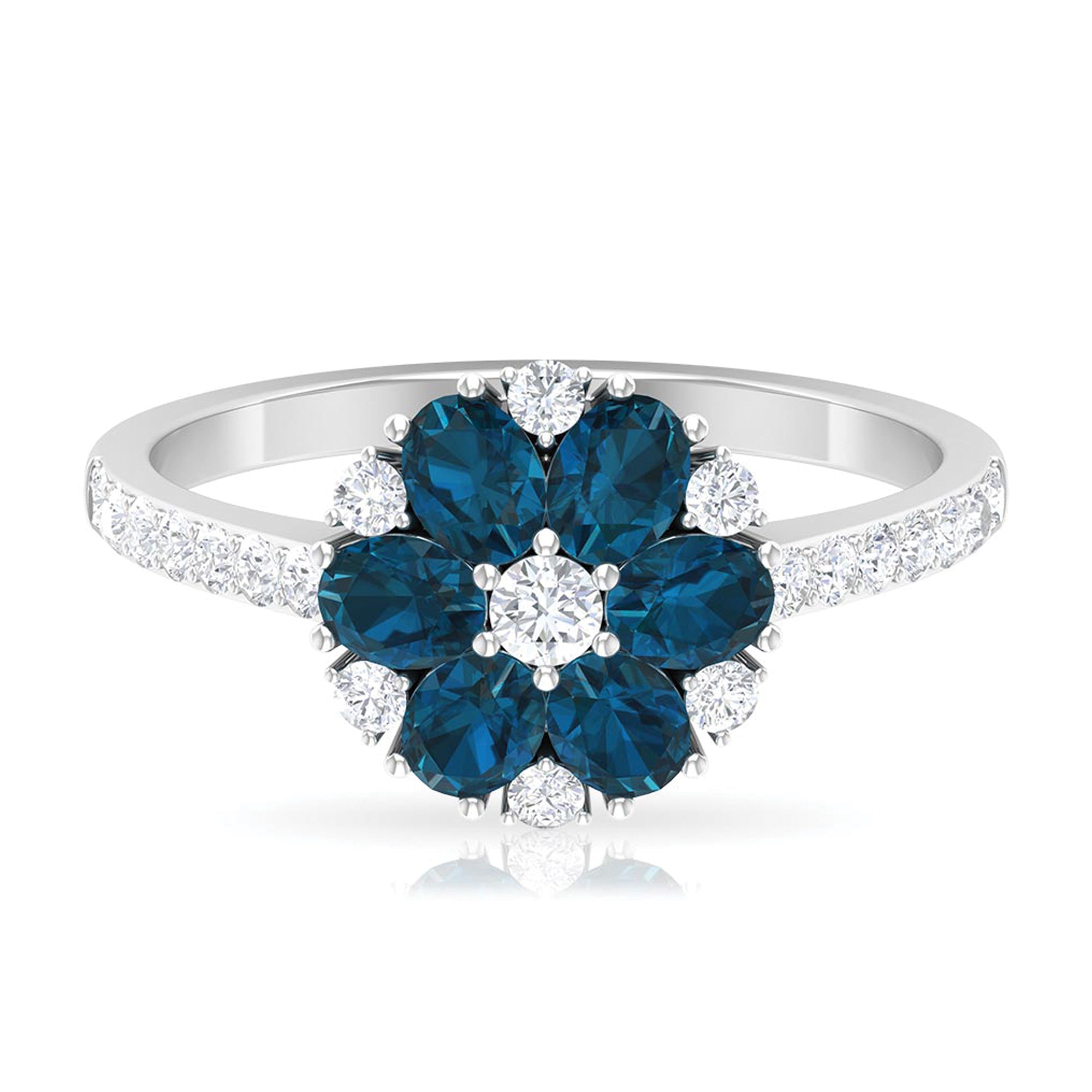 Natural London Blue Topaz and Diamond Flower Engagement Ring London Blue Topaz - ( AAA ) - Quality - Rosec Jewels