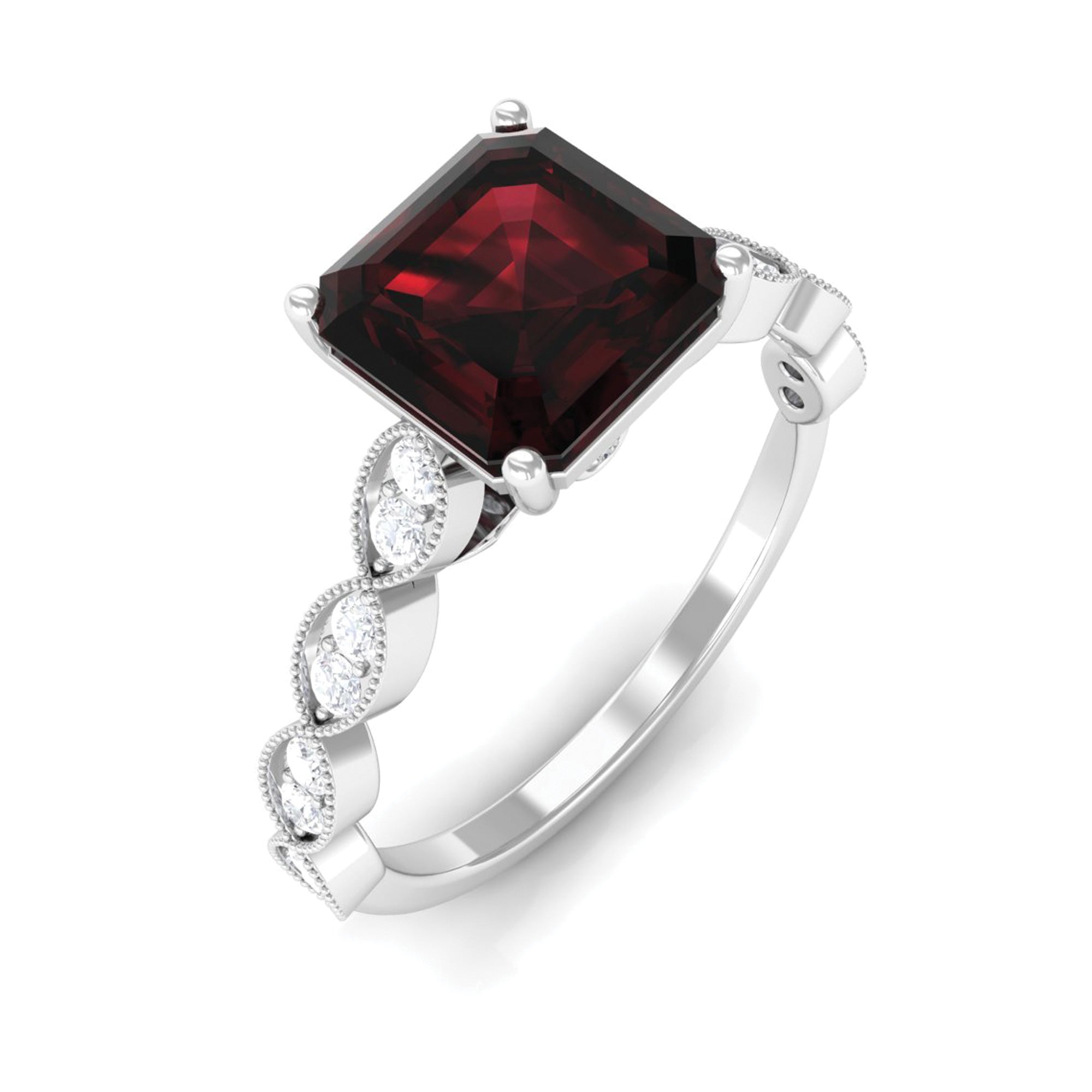 3.25 CT Asscher Cut Garnet Engagement Ring with Diamond Side Stones Garnet - ( AAA ) - Quality - Rosec Jewels