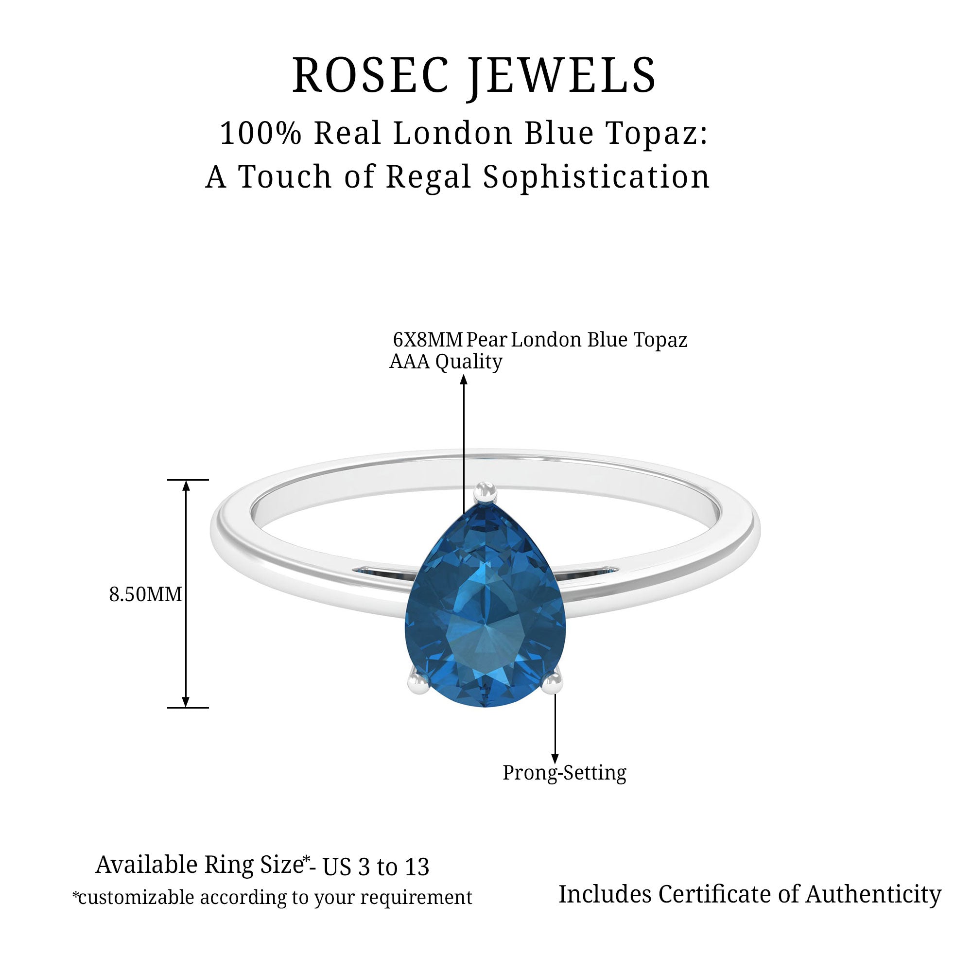 6X8 MM Pear Shaped London Blue Topaz Solitaire Ring London Blue Topaz - ( AAA ) - Quality - Rosec Jewels