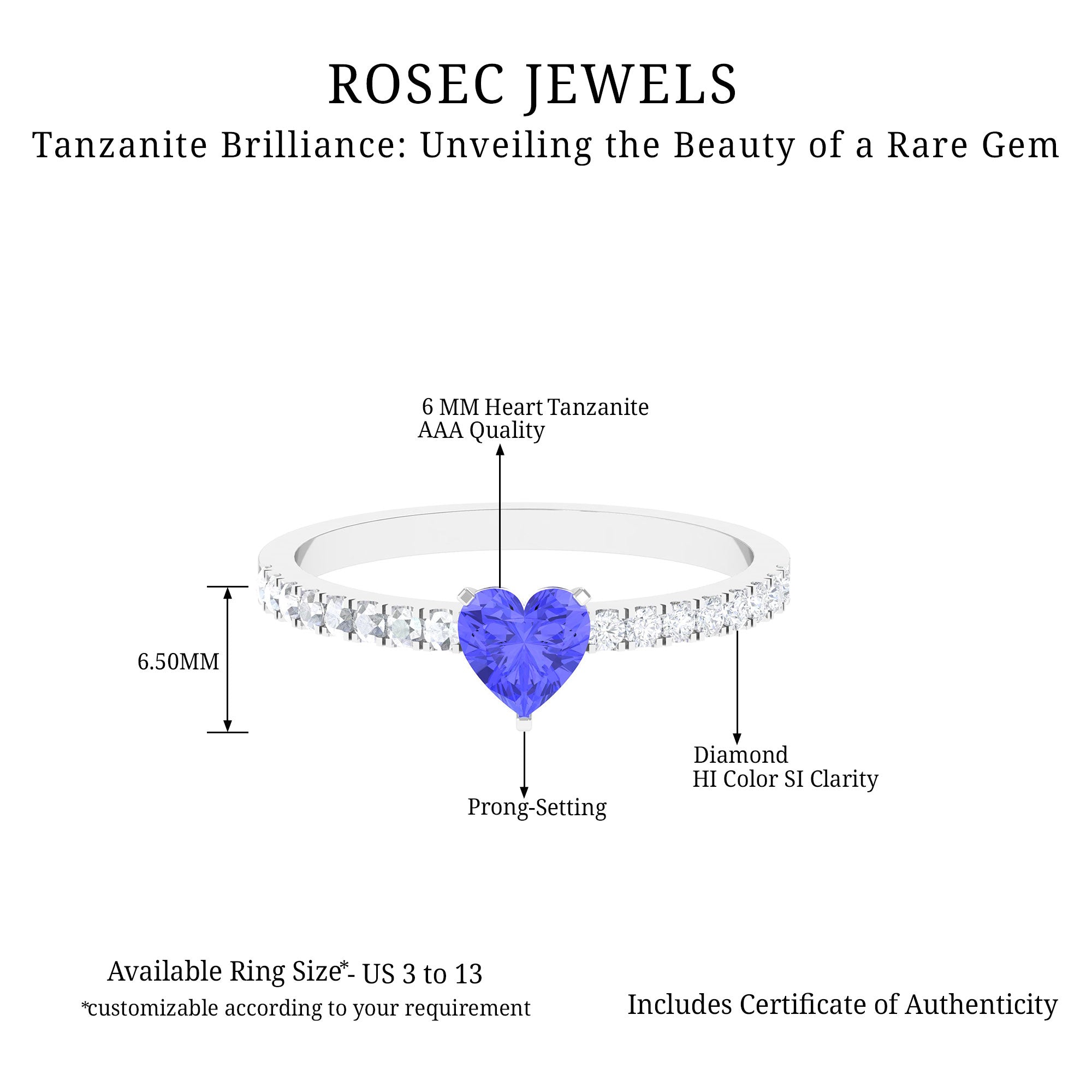 1.50 CT Heart Shaped Tanzanite Solitaire Ring with Diamond Tanzanite - ( AAA ) - Quality - Rosec Jewels