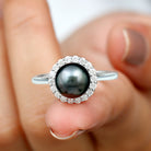 Natural Tahitian Pearl Solitaire with Diamond Halo Ring Tahitian pearl - ( AAA ) - Quality - Rosec Jewels