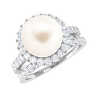 Freshwater Pearl and Moissanite Halo Wedding Ring Set in Gold Freshwater Pearl - ( AAA ) - Quality - Rosec Jewels